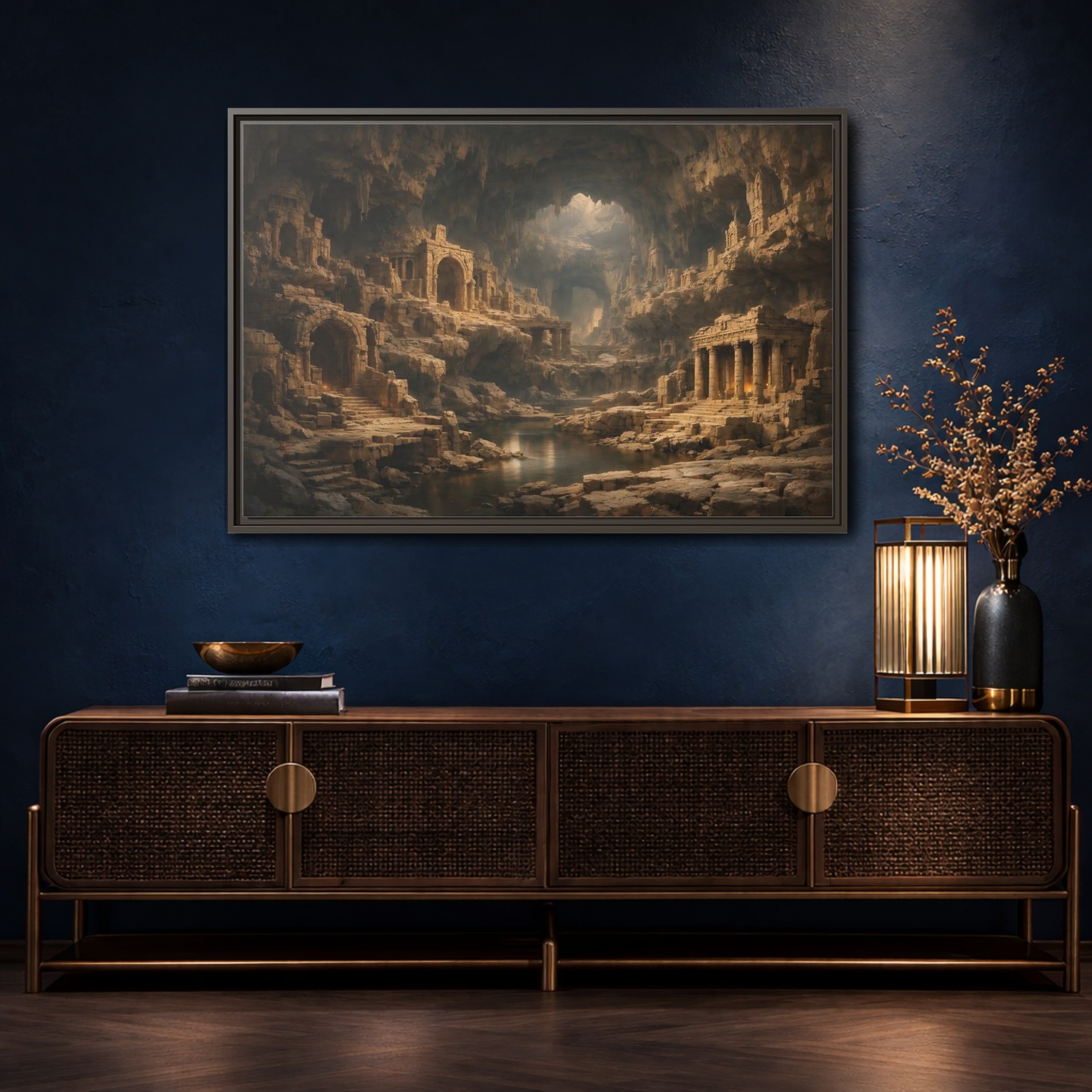 Mockup 4. Vintage Cave Ruins Earthy Tones shown as stretched canvas wall art