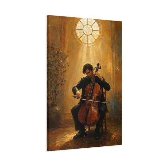 Main Mockup. Vintage Cellist Cellist Warm Tones shown as canvas print