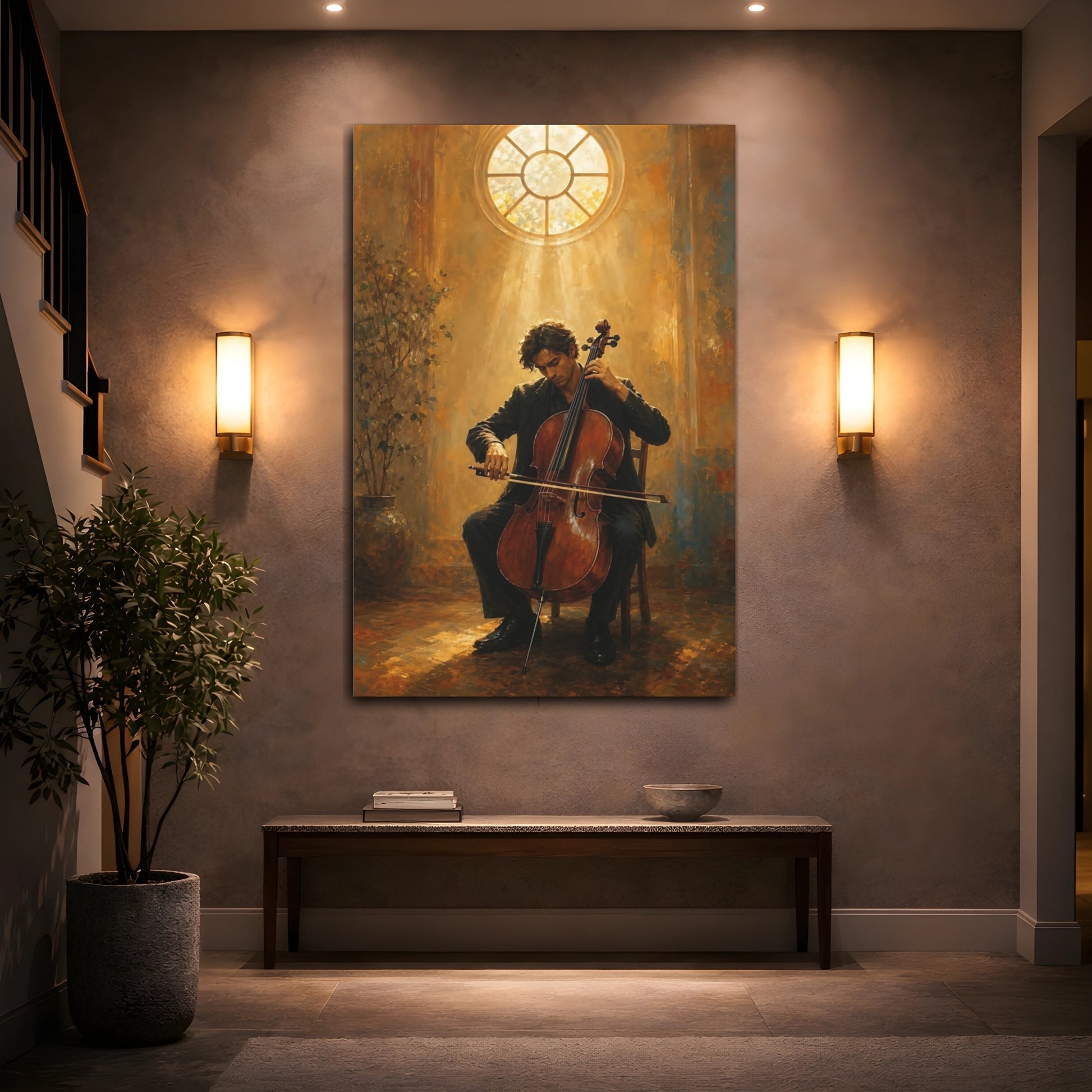 Mockup 2. Vintage Cellist Cellist Warm Tones shown as canvas print