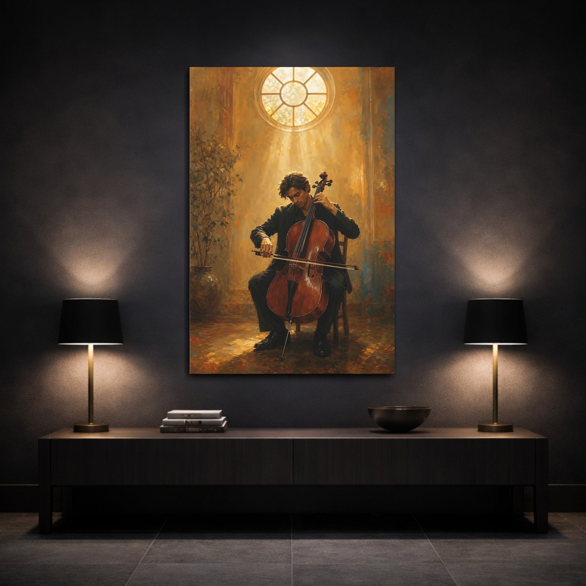 Mockup 3. Vintage Cellist Cellist Warm Tones shown as canvas print