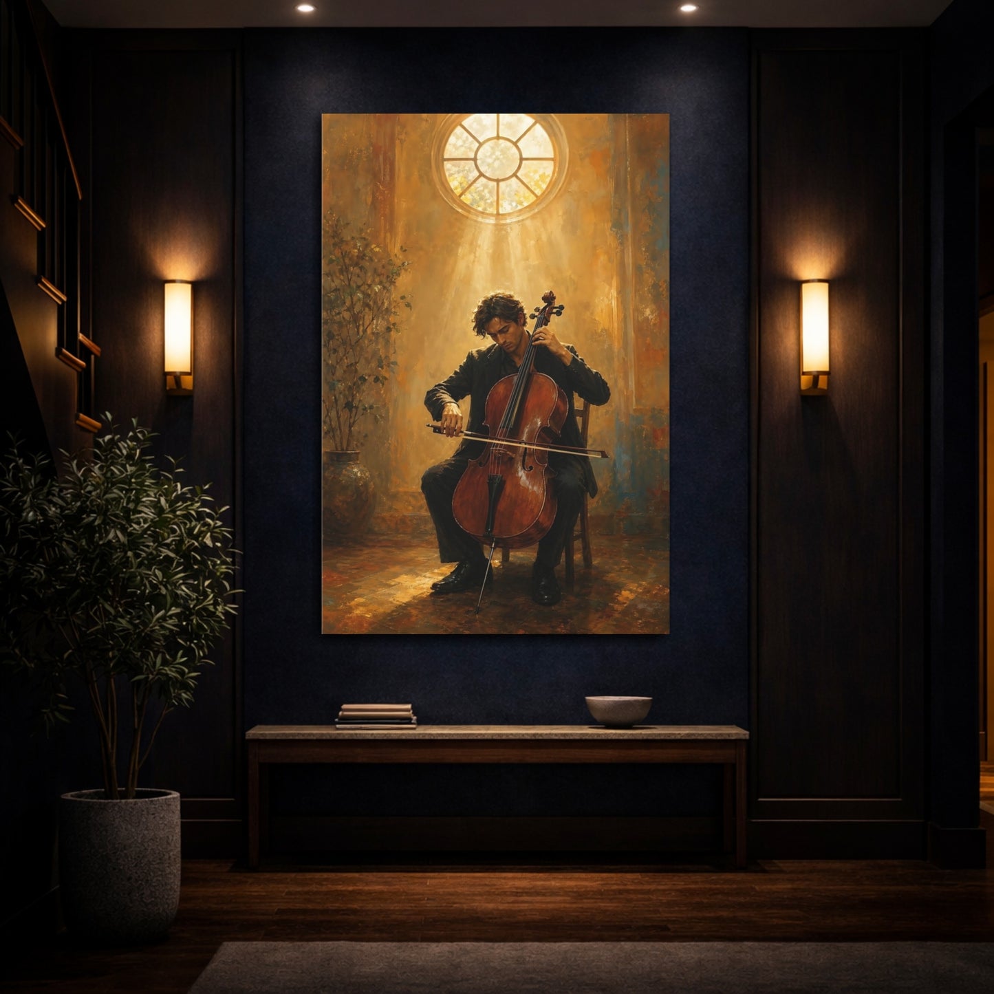 Mockup 4. Vintage Cellist Cellist Warm Tones shown as canvas print