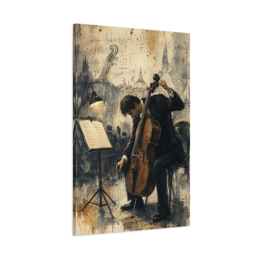 Main Mockup. Vintage Cellist Sepia Music shown as canvas print