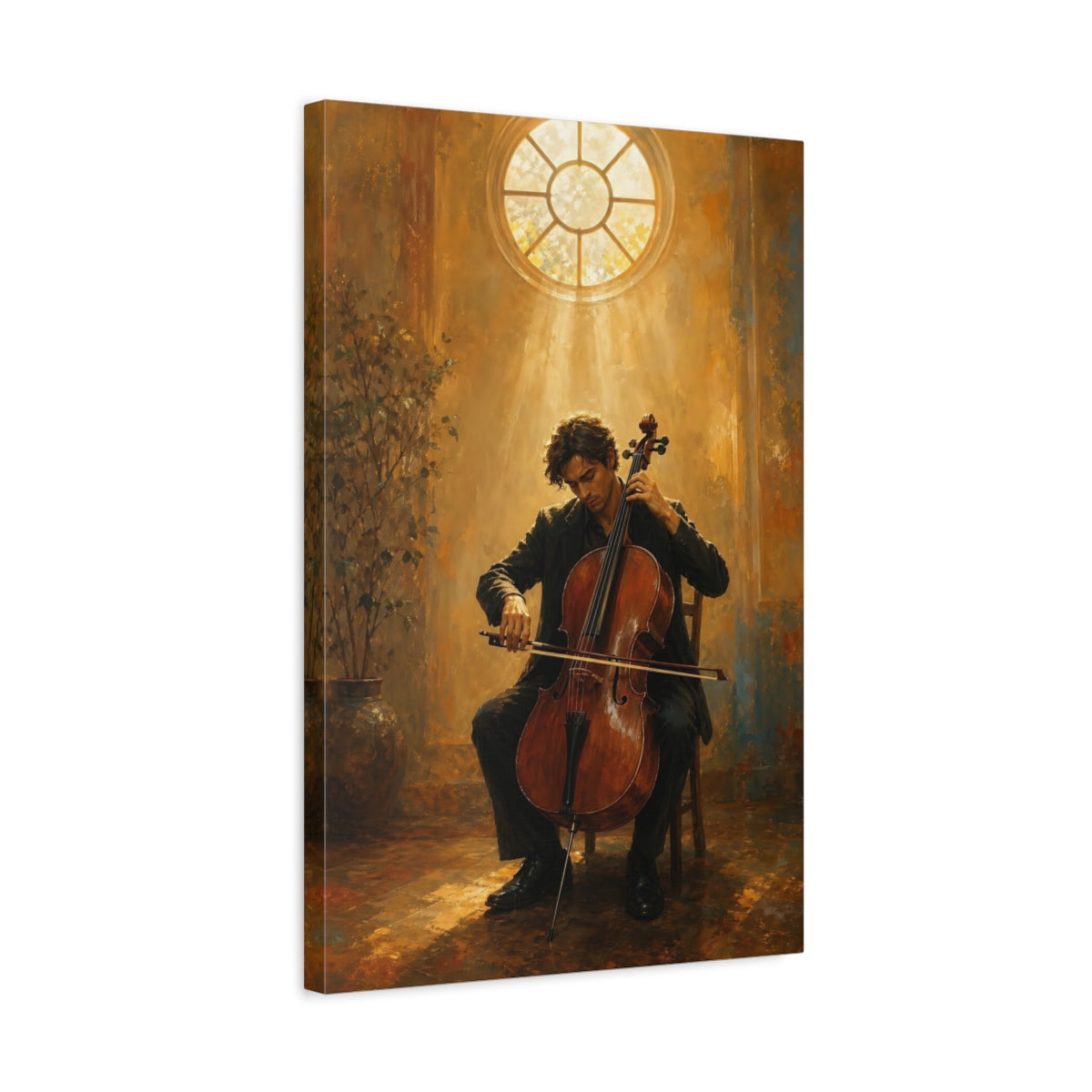 Side Mockup 3. Vintage Cellist Cellist Warm Tones shown as canvas print
