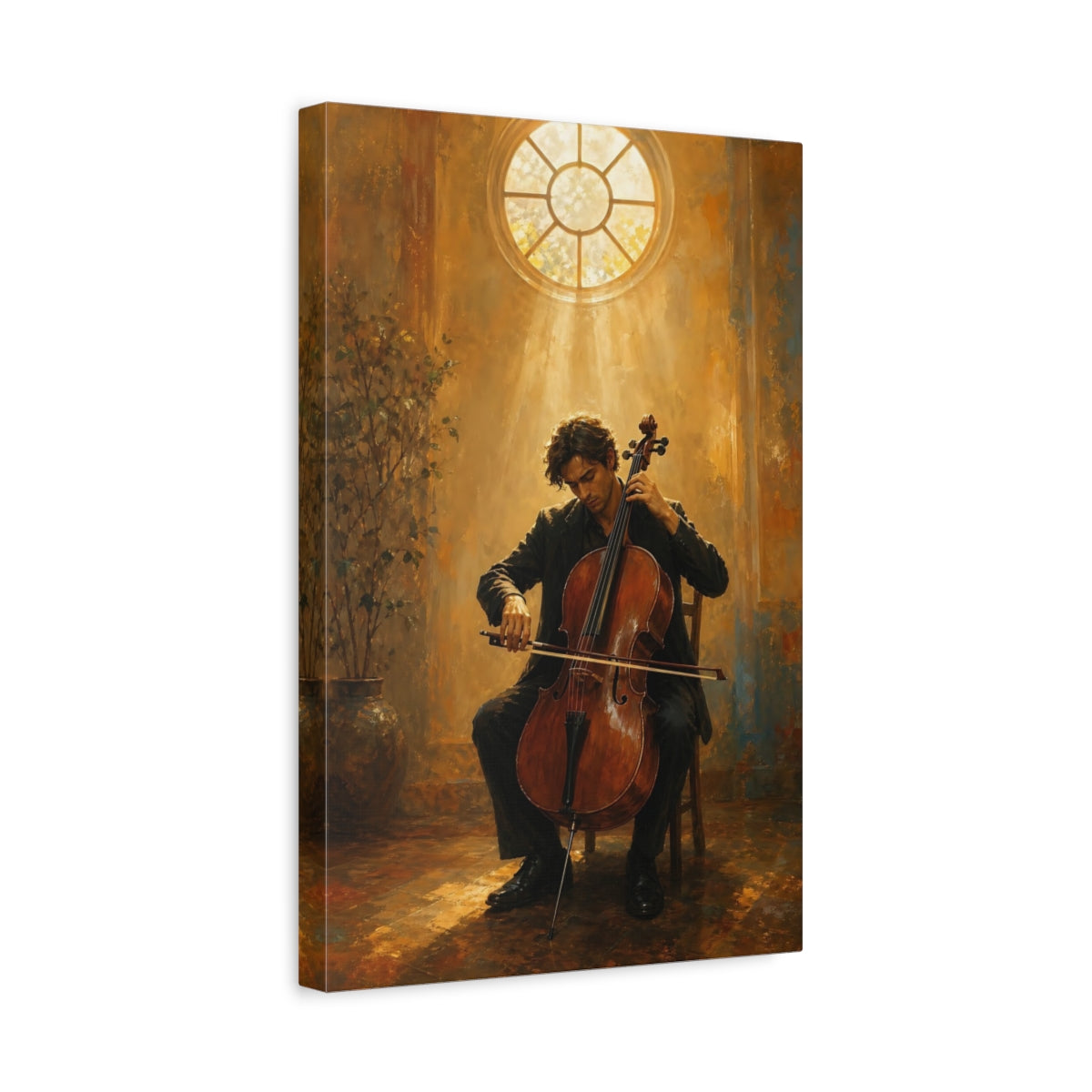 Side Mockup 4. Vintage Cellist Cellist Warm Tones shown as canvas print