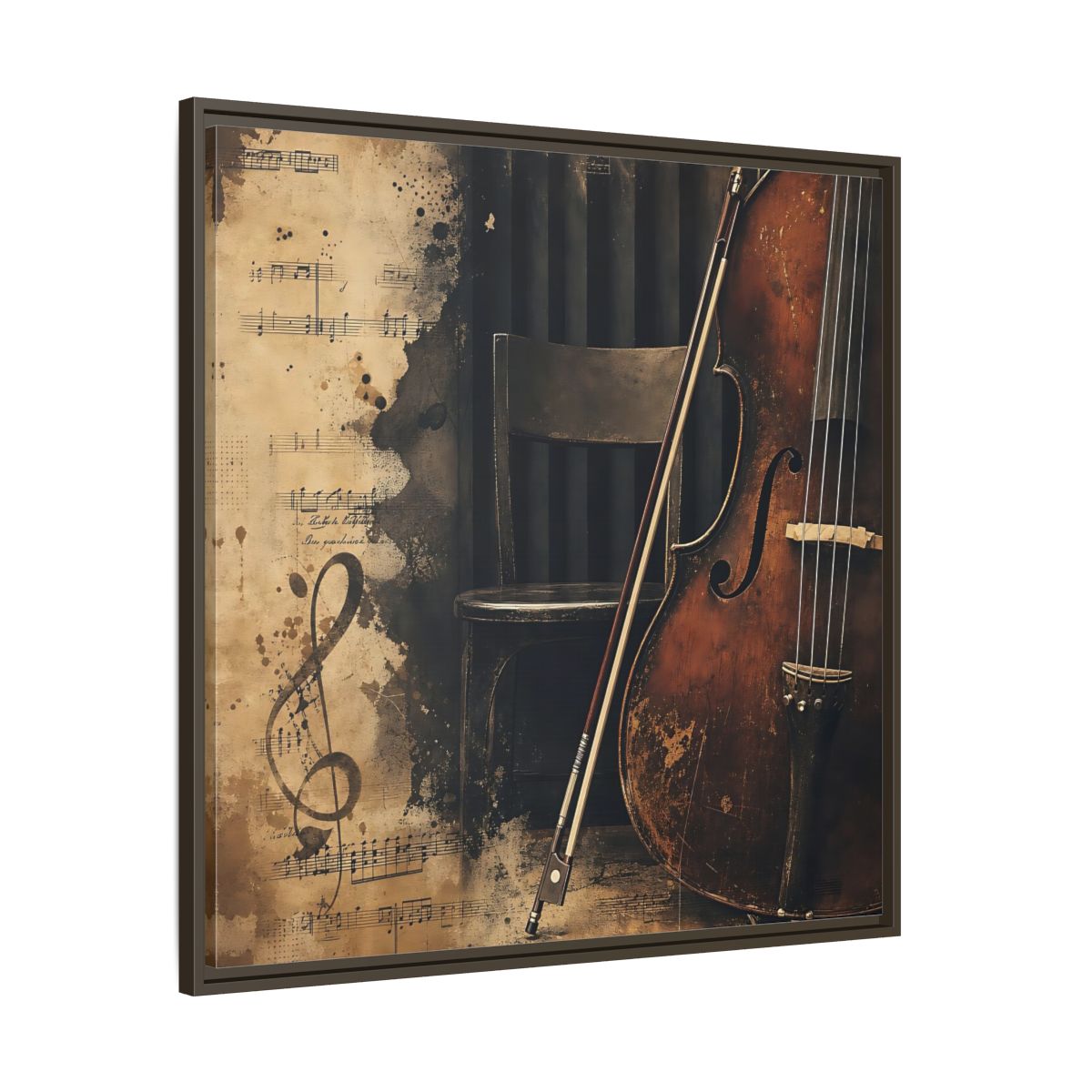 Main Mockup. Vintage Cello & Sheet Music shown as framed canvas print