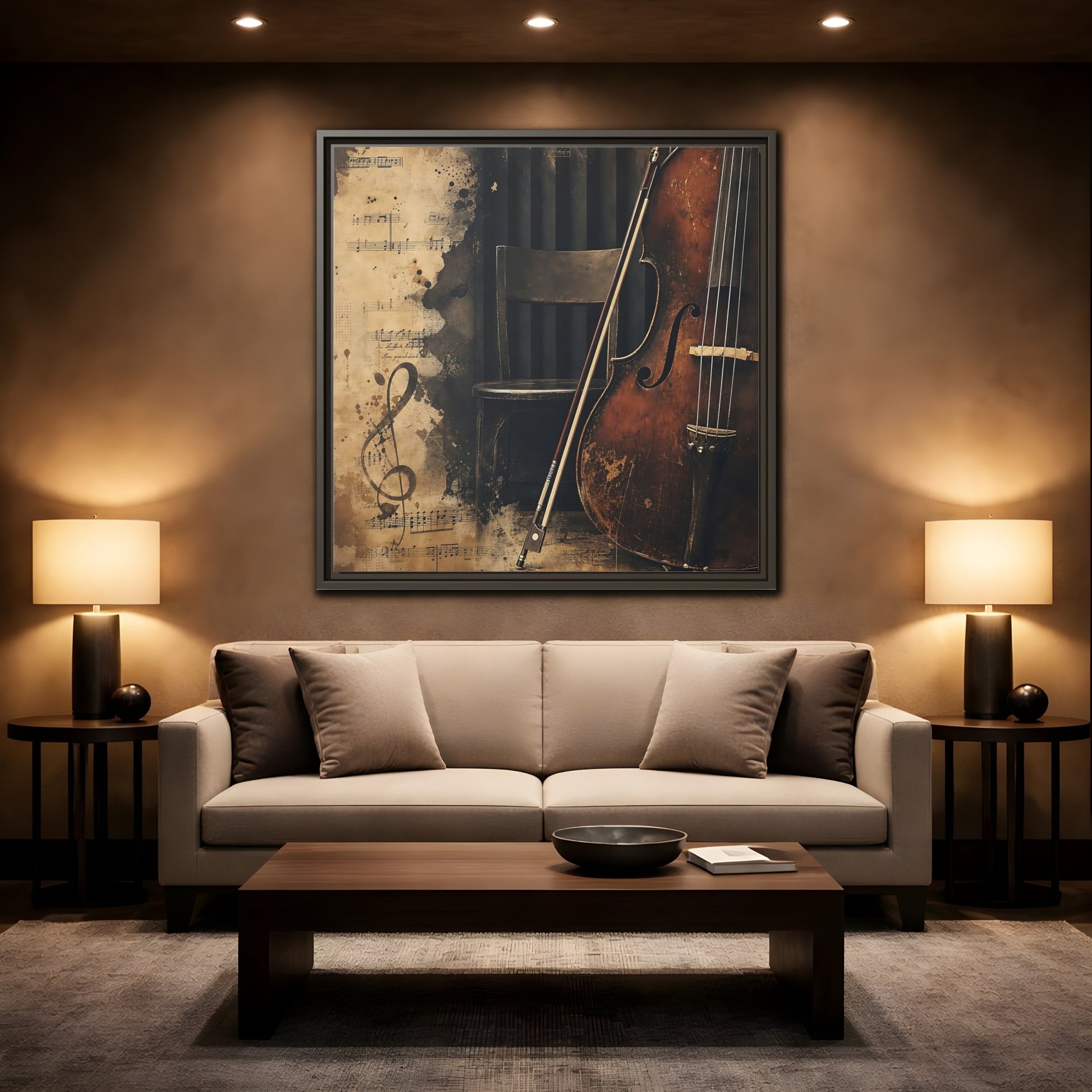Mockup 2. Vintage Cello & Sheet Music shown as framed canvas print