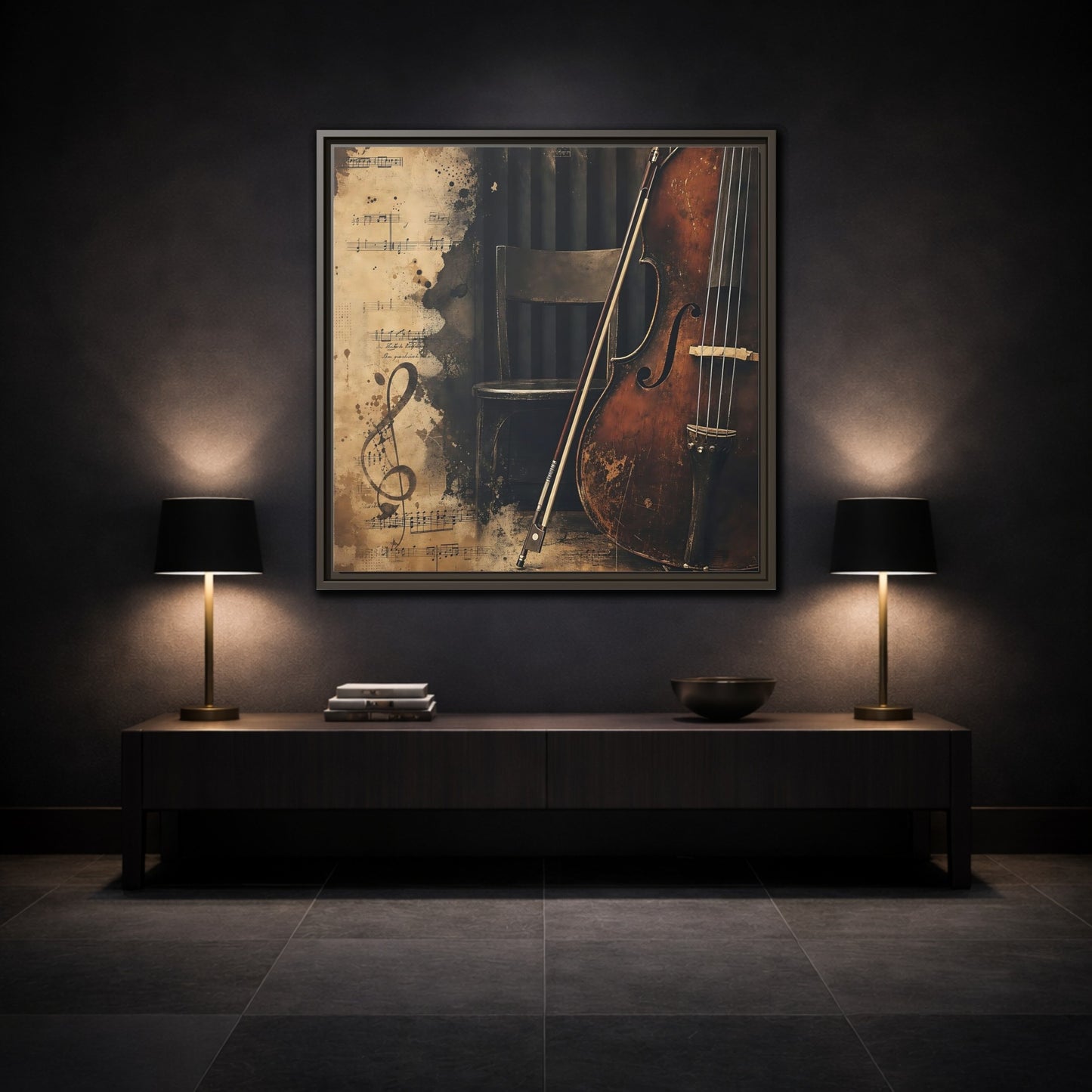 Mockup 3. Vintage Cello & Sheet Music shown as framed canvas print