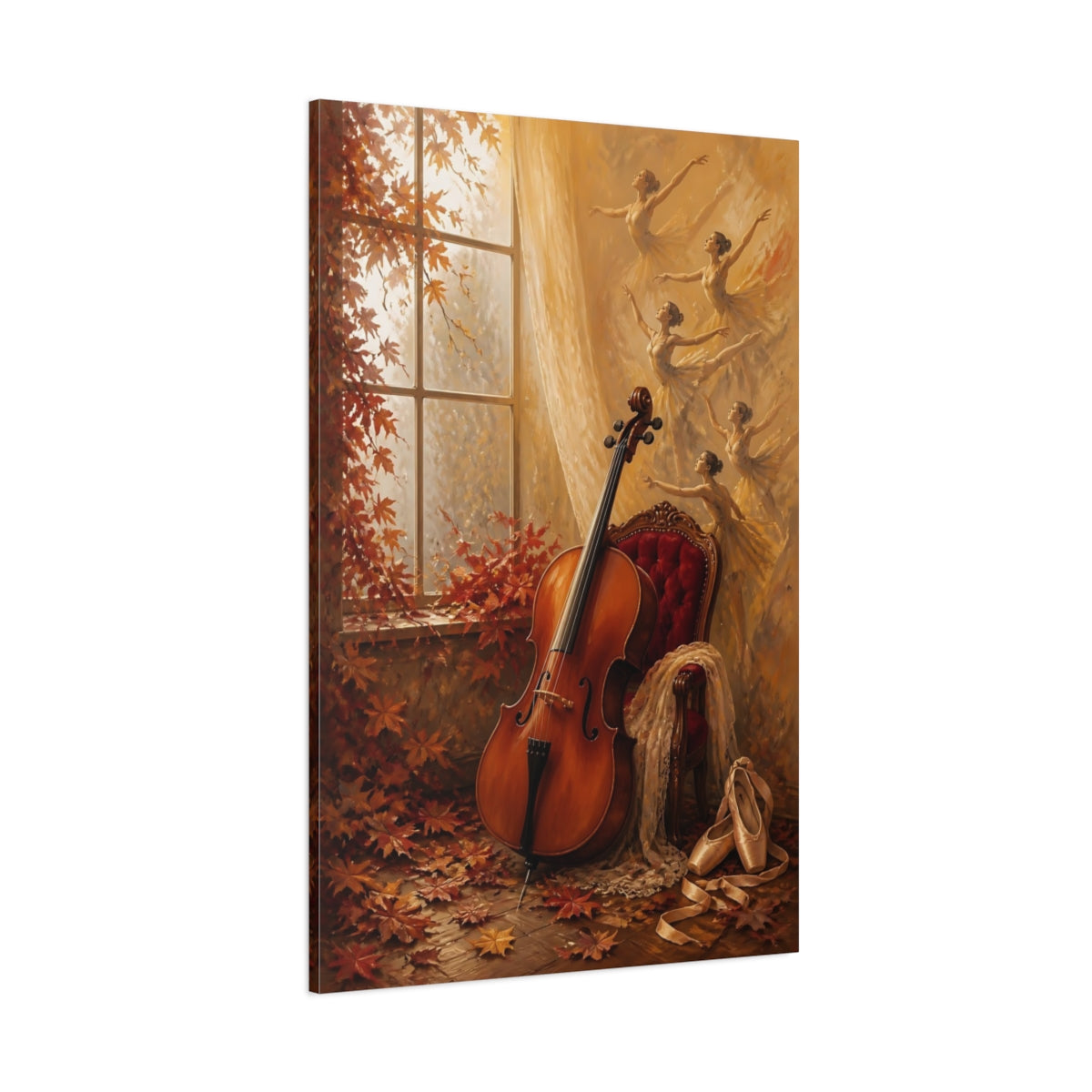 Side Mockup 1. Vintage Cello, Ballerinas Warm Autumn shown as canvas print