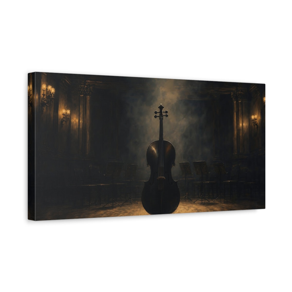 Side Mockup 3. Vintage Cello Dark Cello shown as canvas print