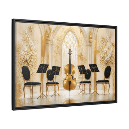 Side Mockup 13. Vintage Cello Gold And Black shown as framed canvas print