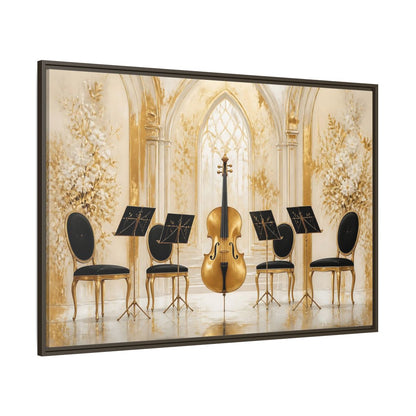 Side Mockup 8. Vintage Cello Gold And Black shown as framed canvas print