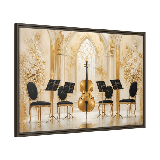 Main Mockup. Vintage Cello Gold And Black shown as framed canvas print