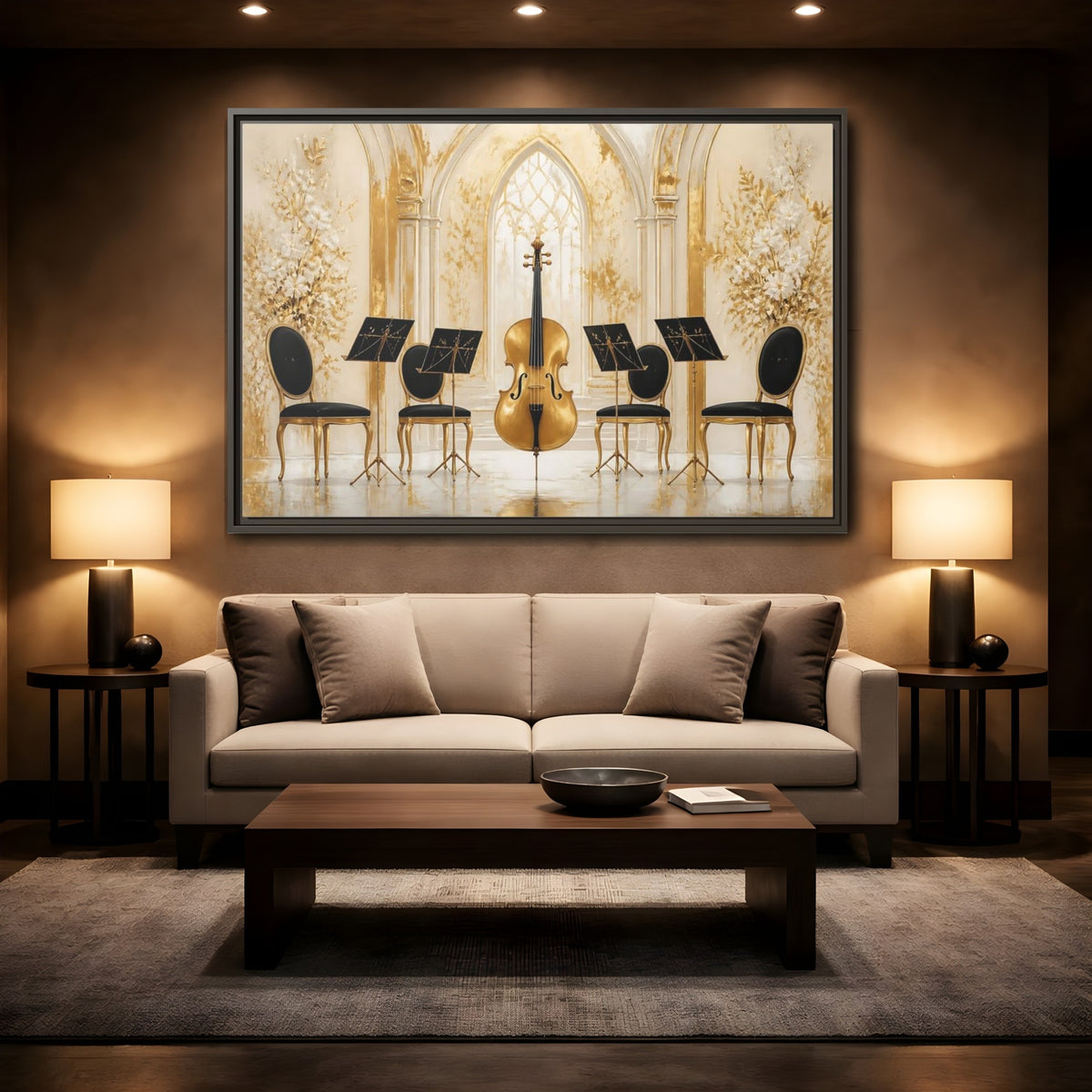 Mockup 2. Vintage Cello Gold And Black shown as framed canvas print