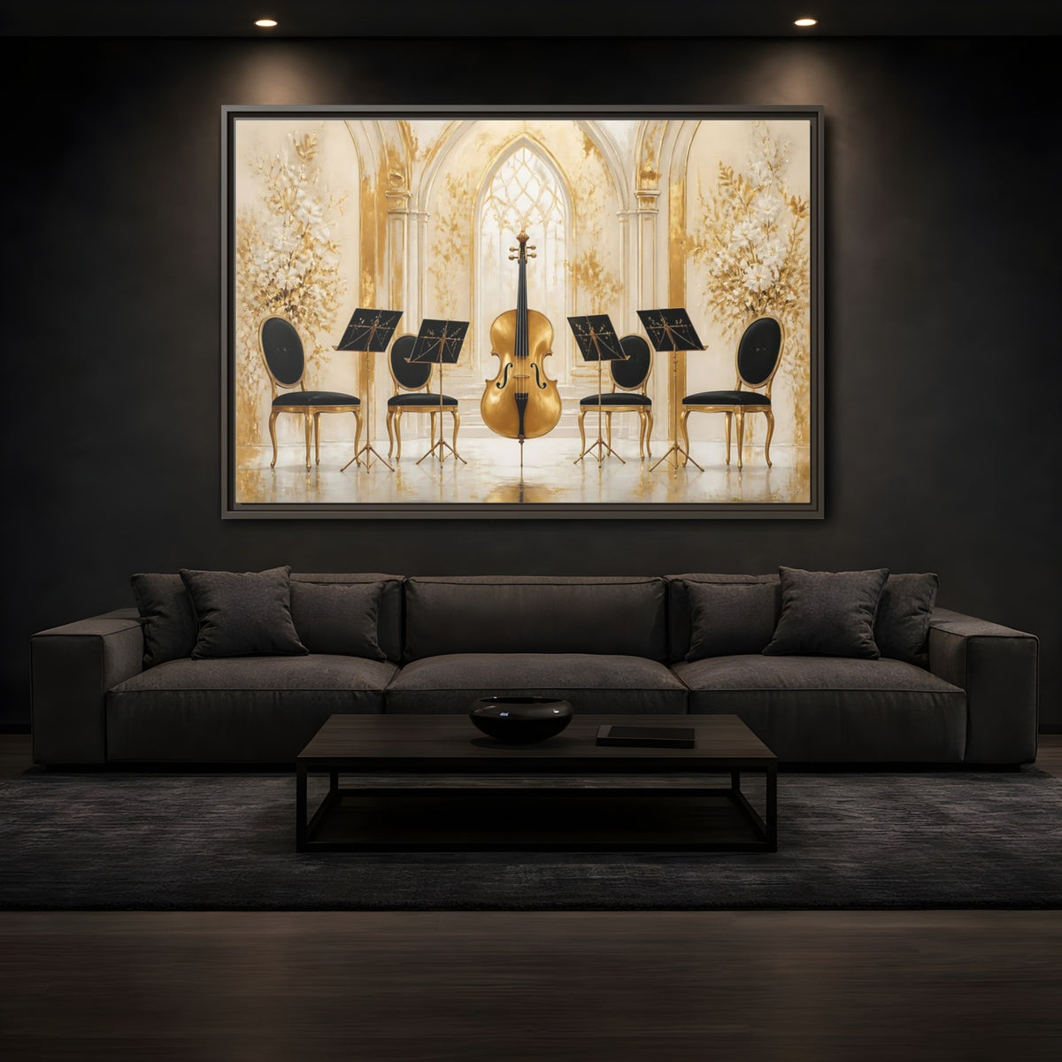 Mockup 3. Vintage Cello Gold And Black shown as framed canvas print
