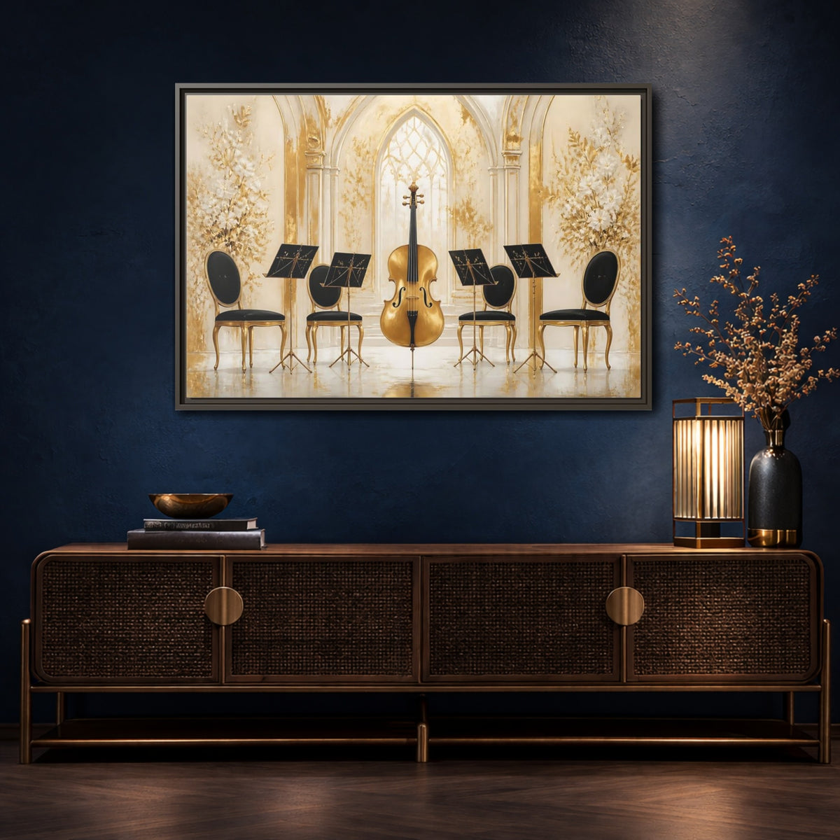 Mockup 4. Vintage Cello Gold And Black shown as framed canvas print