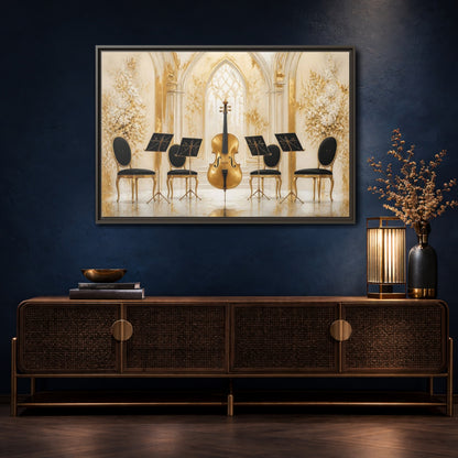 Mockup 4. Vintage Cello Gold And Black shown as framed canvas print