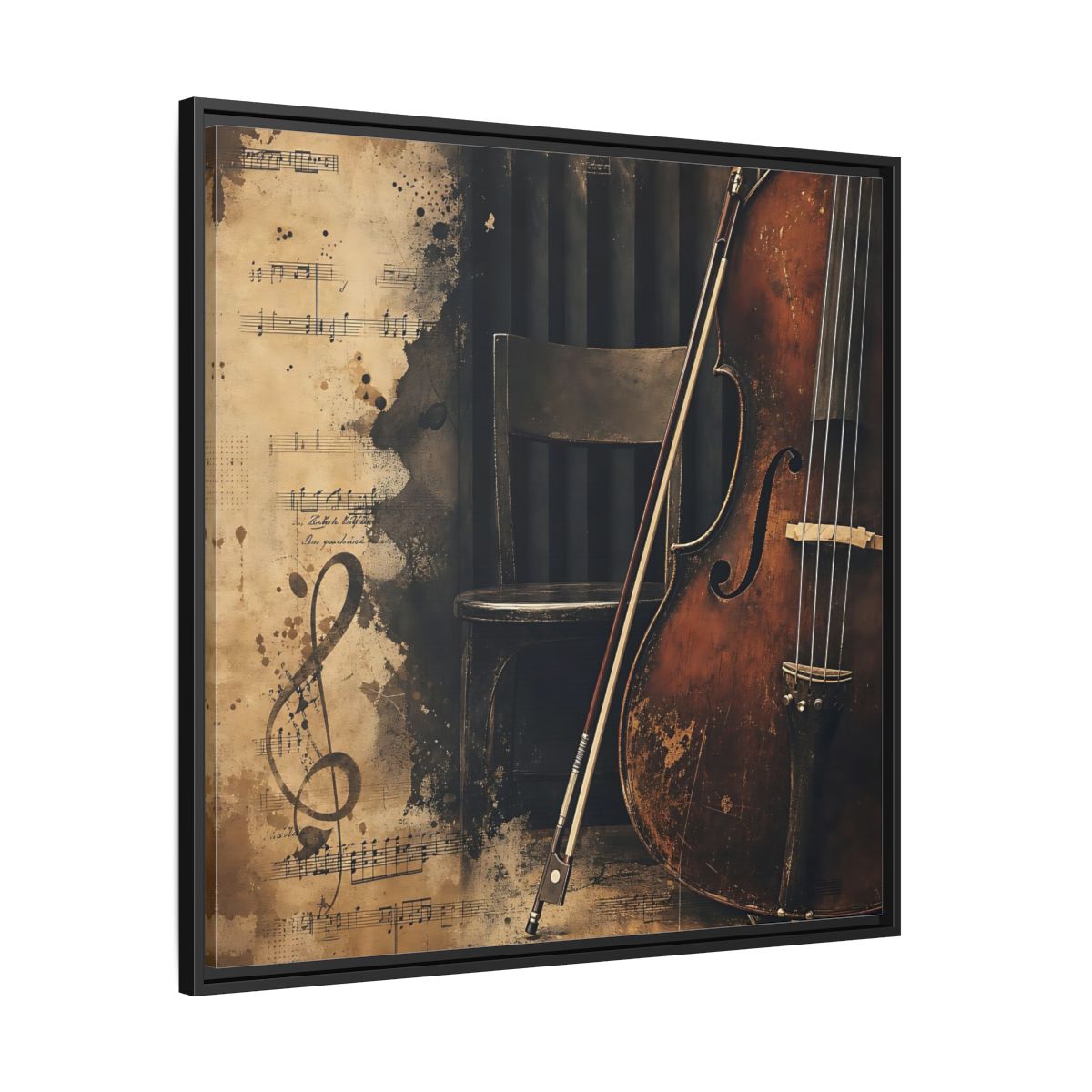 Side Mockup 30. Vintage Cello & Sheet Music shown as framed canvas print