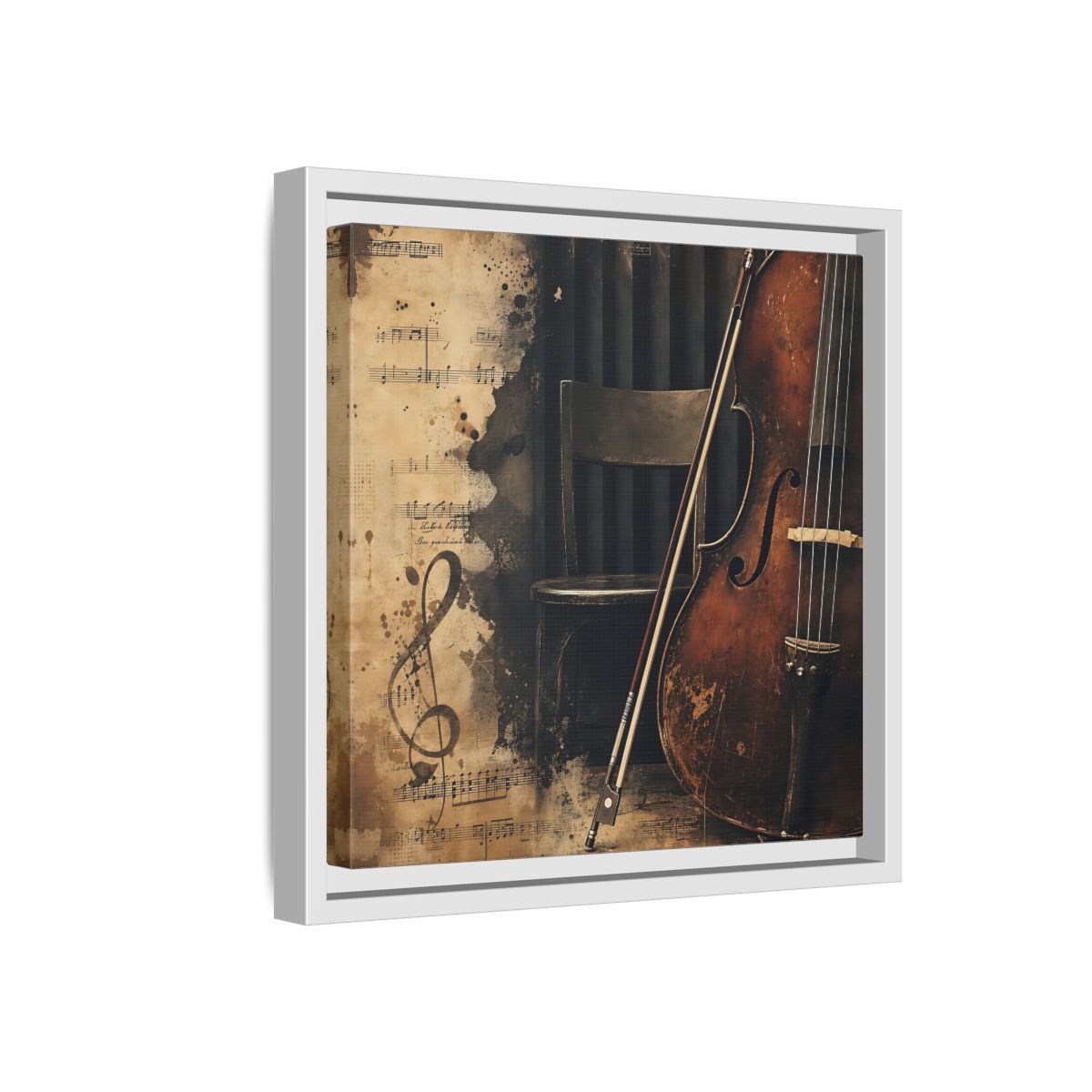 Side Mockup 16. Vintage Cello & Sheet Music shown as framed canvas print