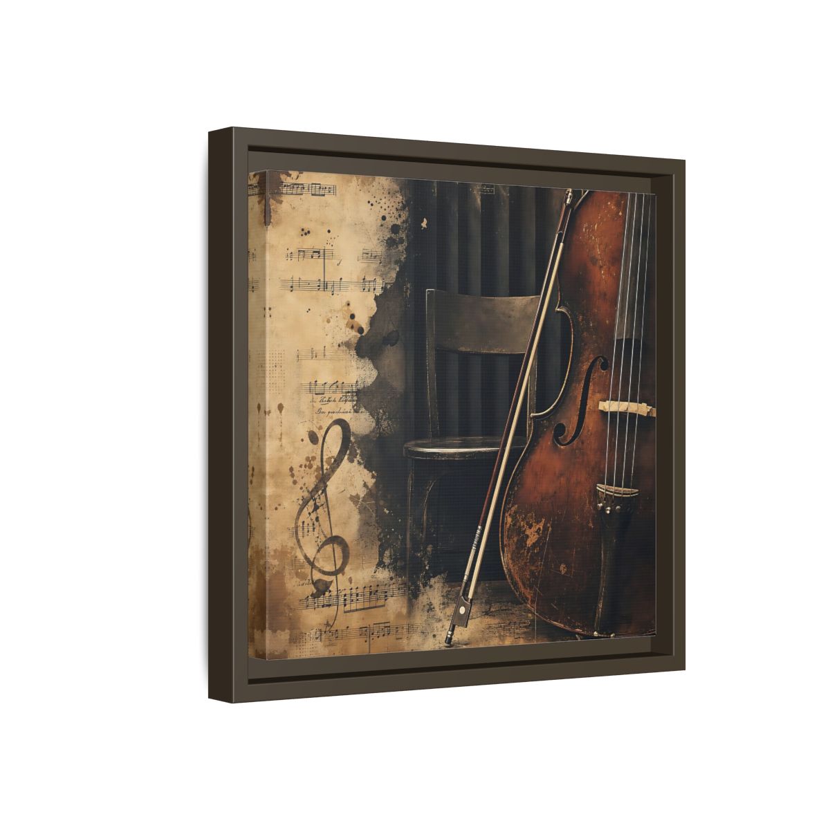 Side Mockup 17. Vintage Cello & Sheet Music shown as framed canvas print