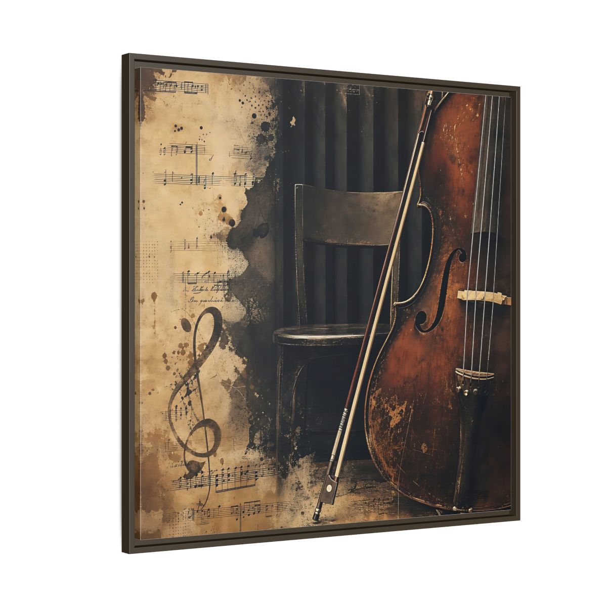 Side Mockup 5. Vintage Cello & Sheet Music shown as framed canvas print