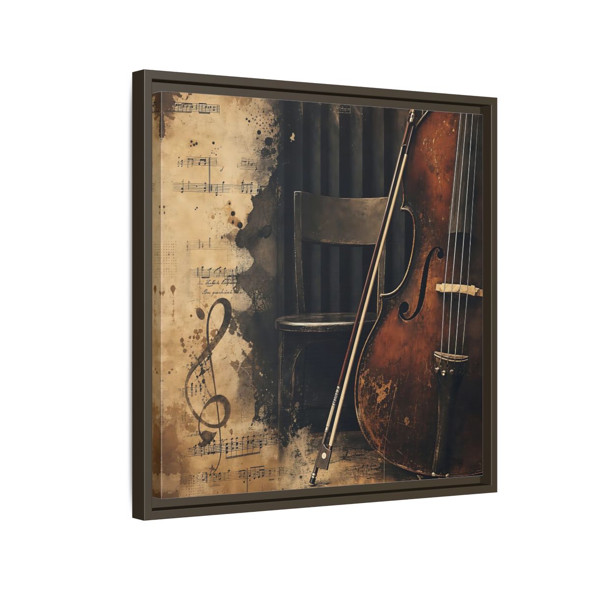 Side Mockup 11. Vintage Cello & Sheet Music shown as framed canvas print