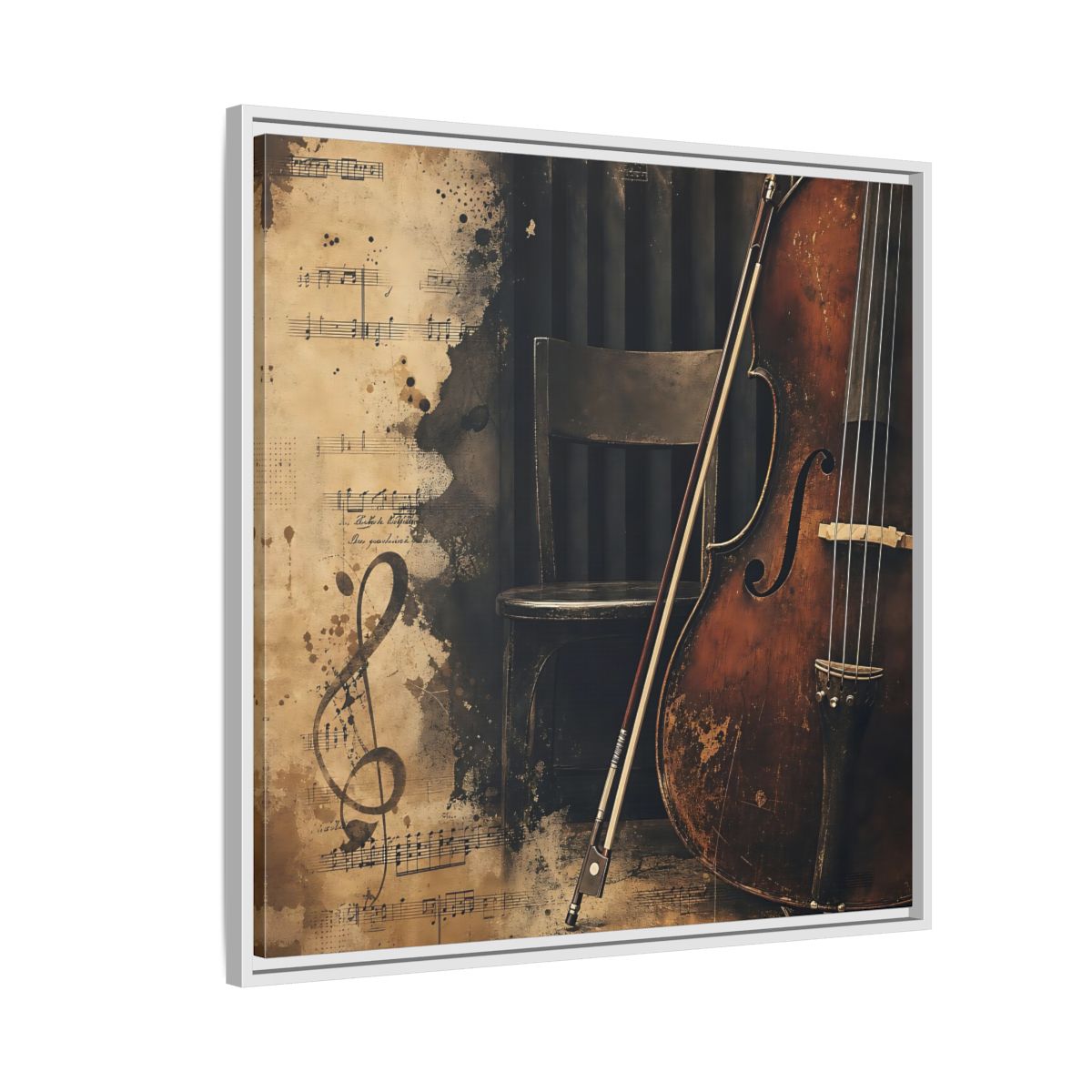 Side Mockup 7. Vintage Cello & Sheet Music shown as framed canvas print