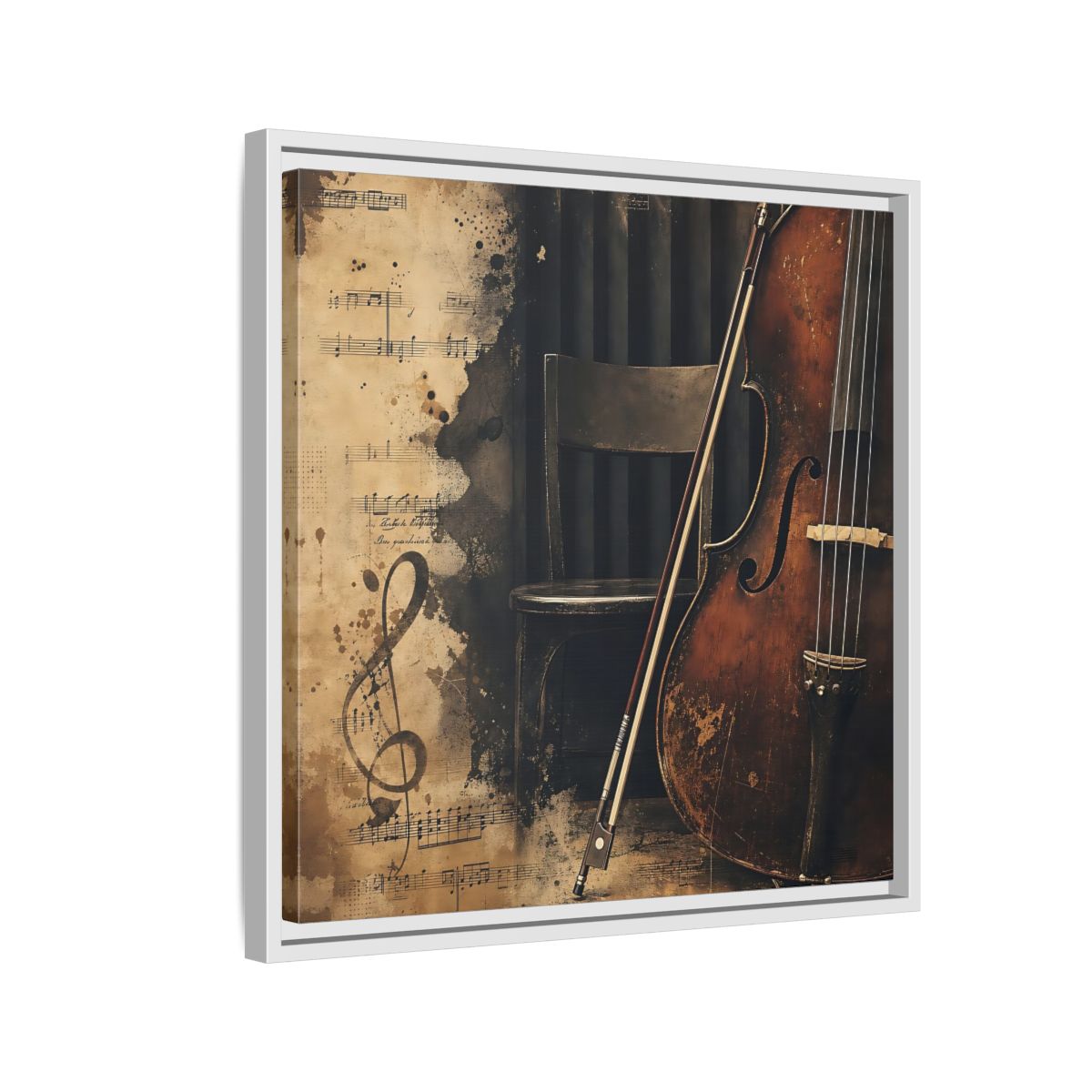 Side Mockup 10. Vintage Cello & Sheet Music shown as framed canvas print
