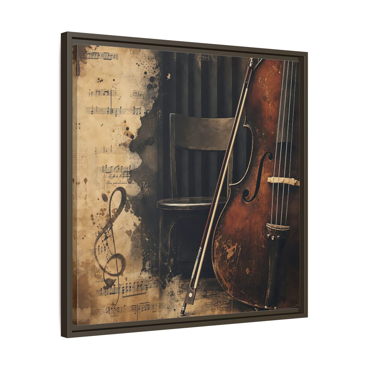 Side Mockup 27. Vintage Cello & Sheet Music shown as framed canvas print