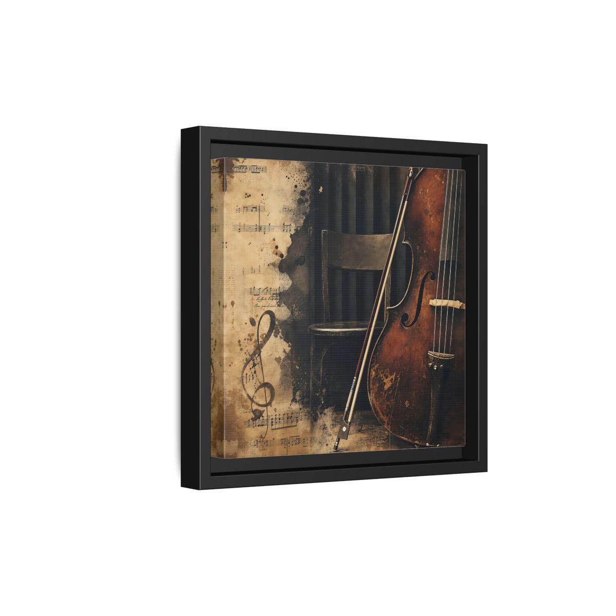 Side Mockup 21. Vintage Cello & Sheet Music shown as framed canvas print