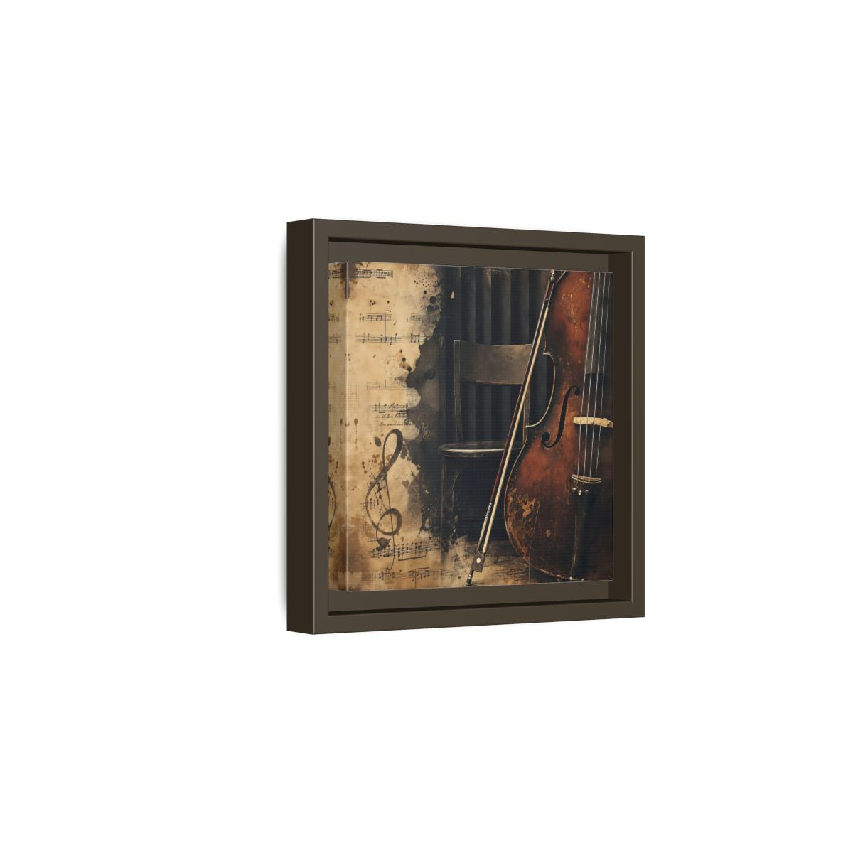 Side Mockup 2. Vintage Cello & Sheet Music shown as framed canvas print