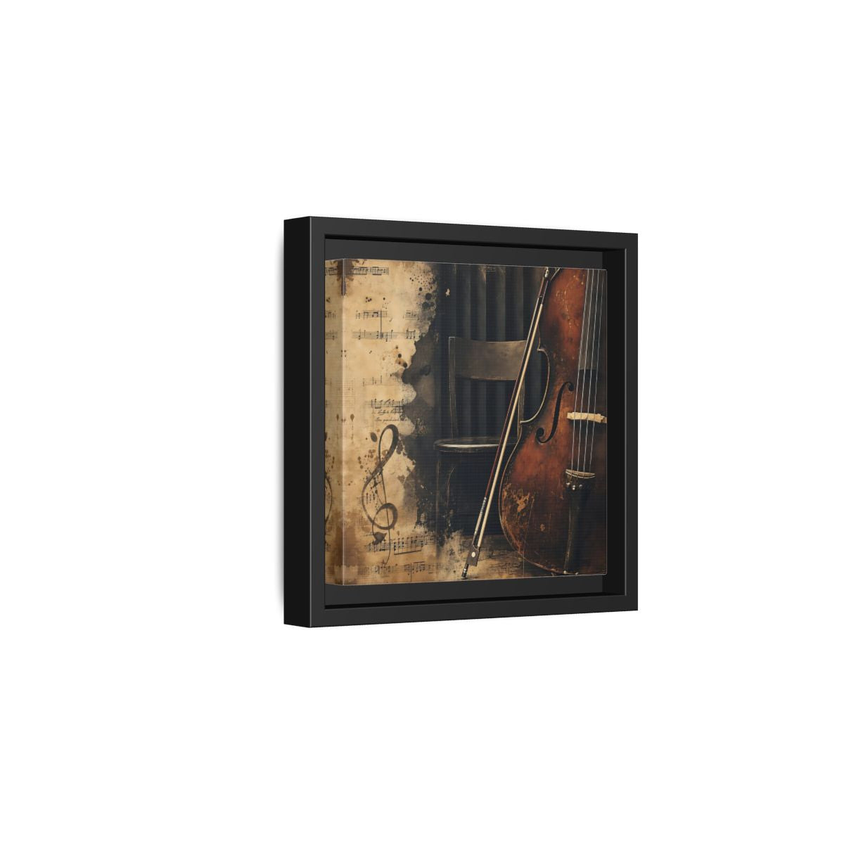 Side Mockup 3. Vintage Cello & Sheet Music shown as framed canvas print