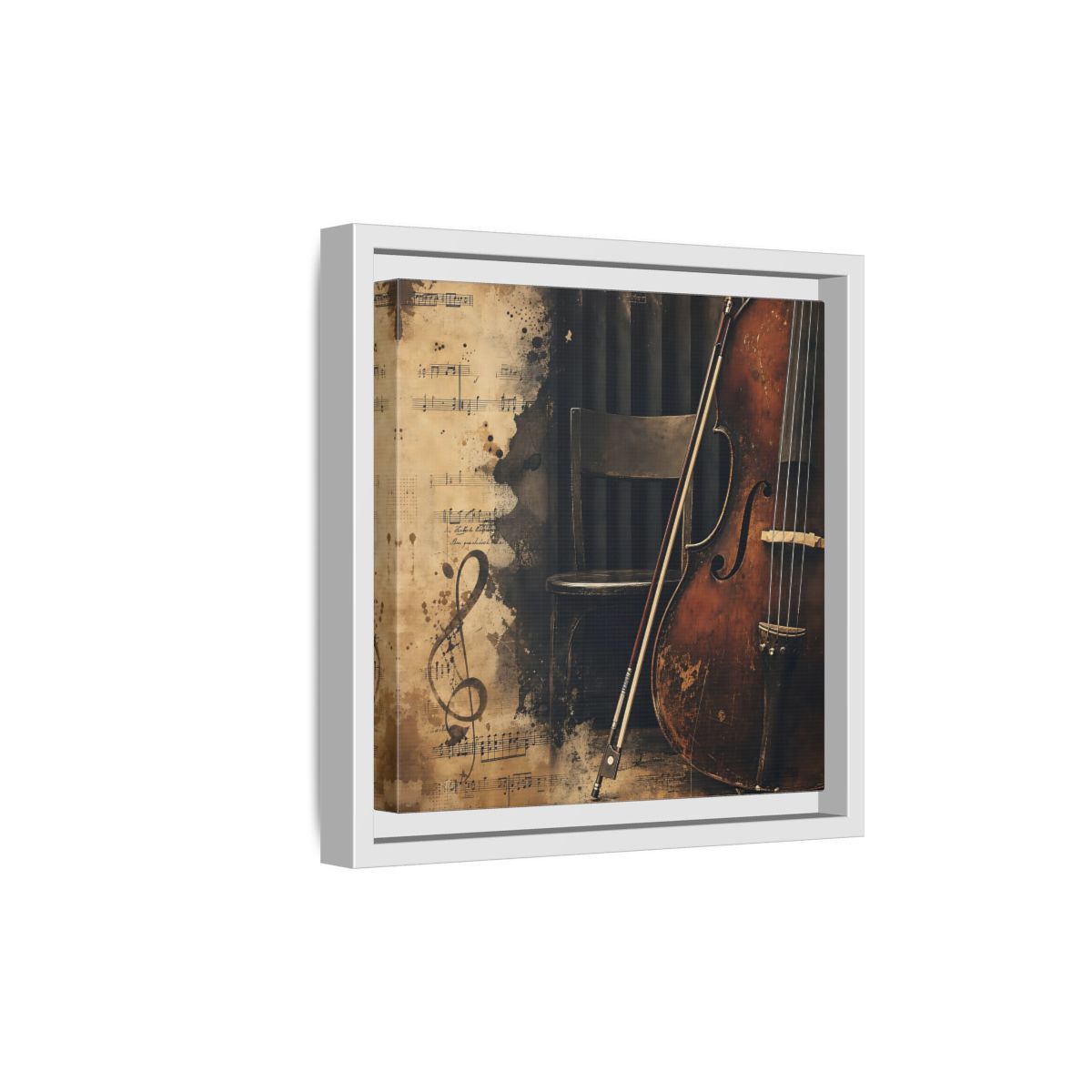 Side Mockup 19. Vintage Cello & Sheet Music shown as framed canvas print