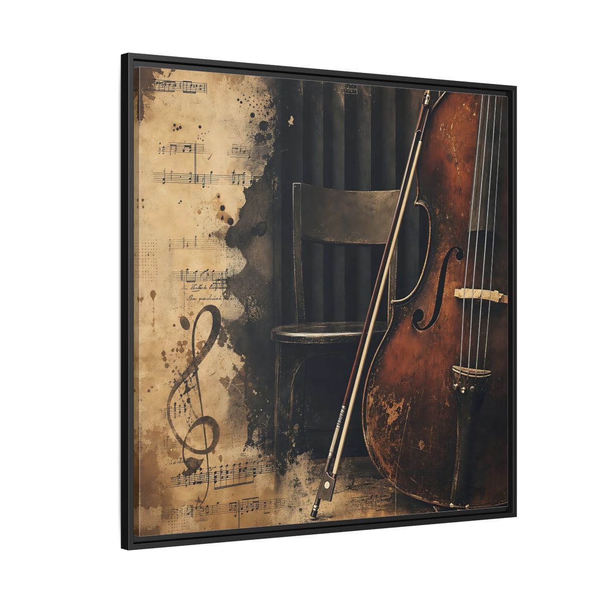 Side Mockup 6. Vintage Cello & Sheet Music shown as framed canvas print