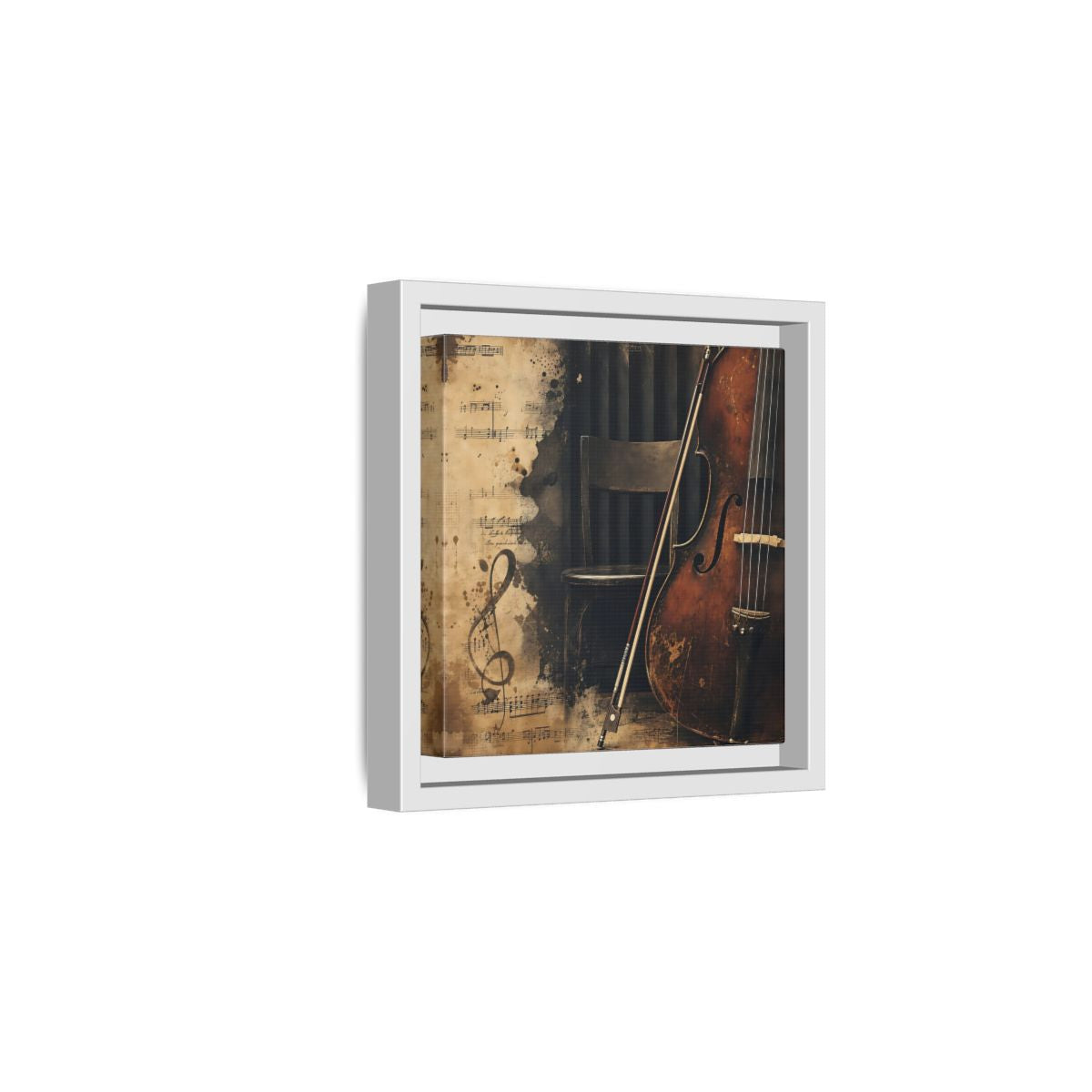 Side Mockup 1. Vintage Cello & Sheet Music shown as framed canvas print