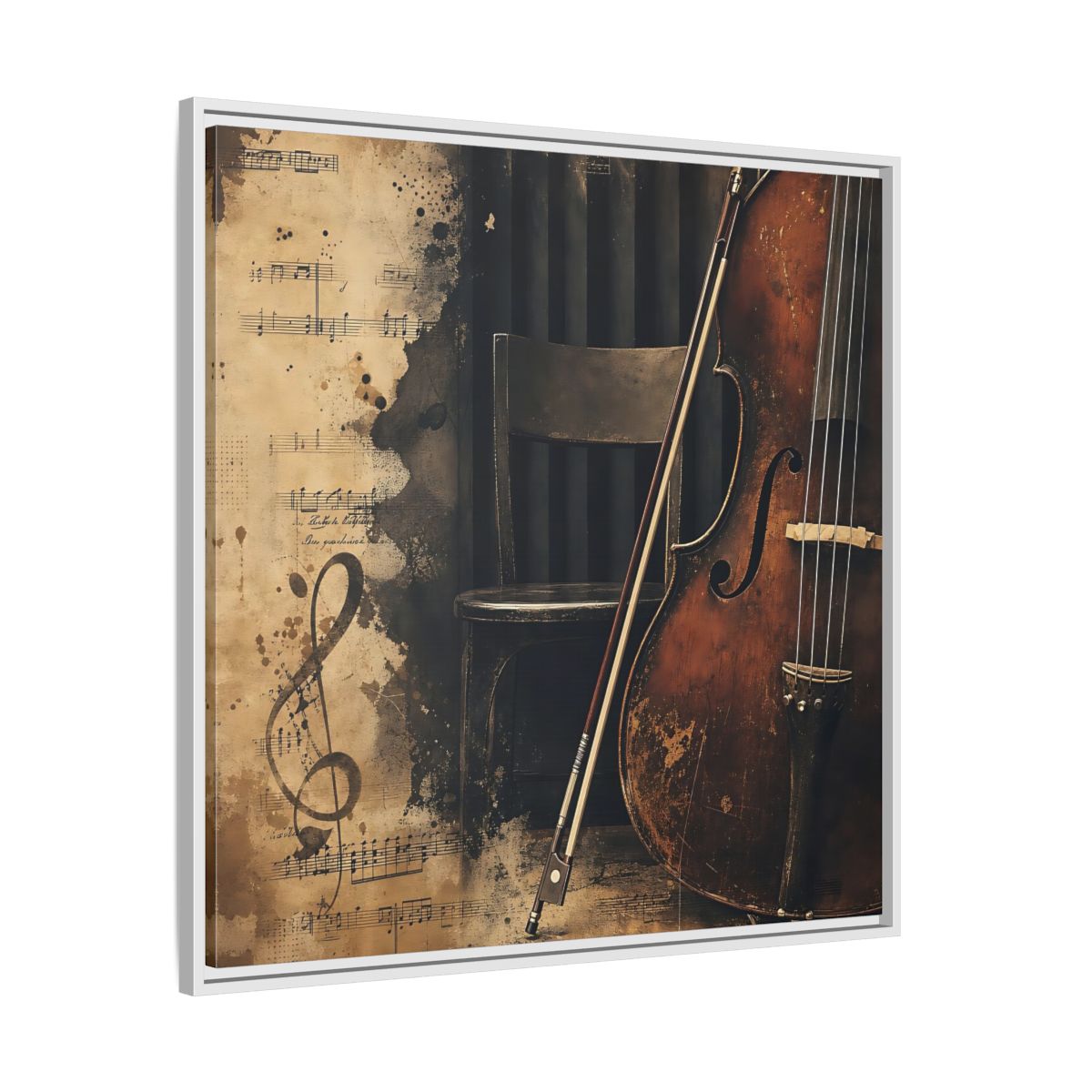 Side Mockup 25. Vintage Cello & Sheet Music shown as framed canvas print