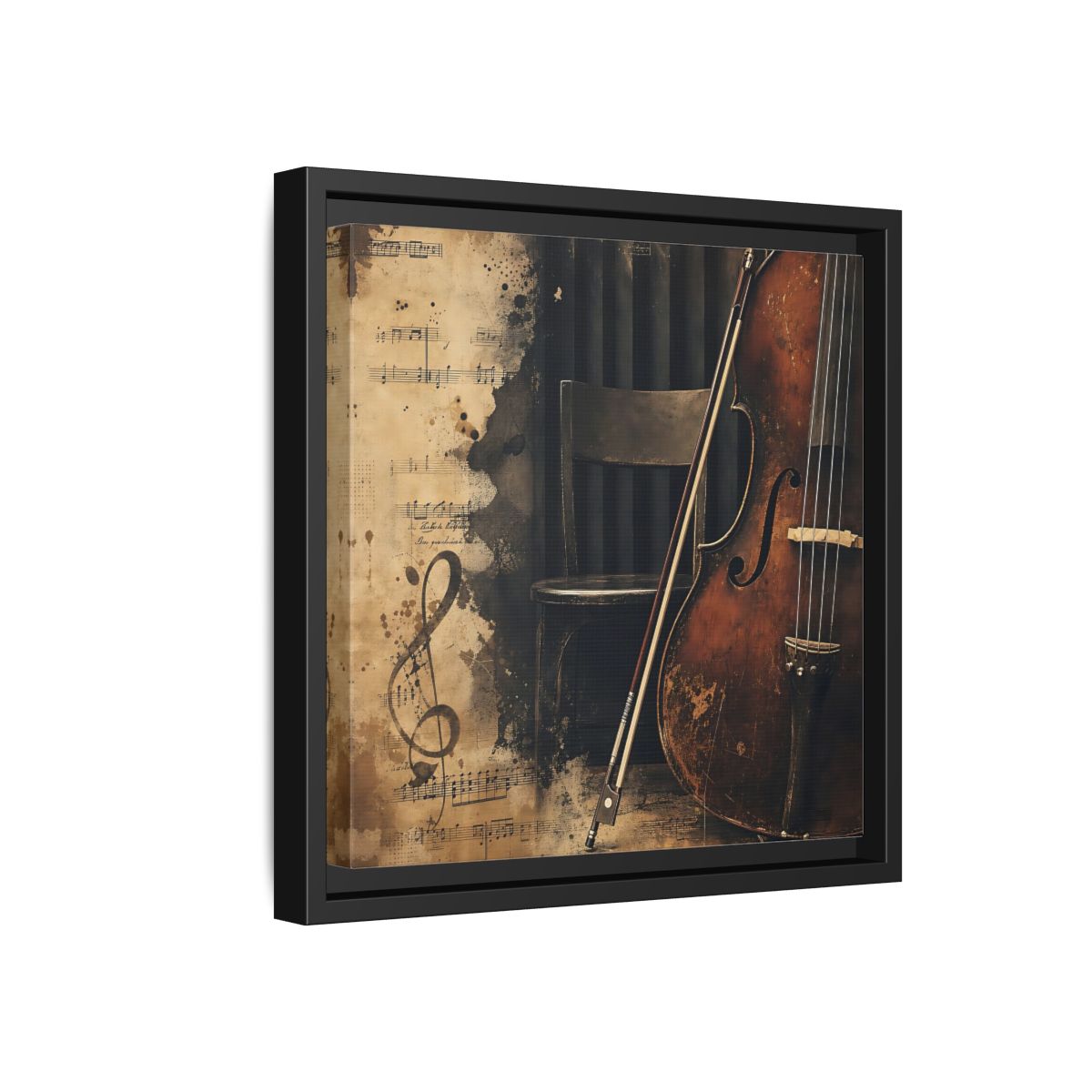 Side Mockup 18. Vintage Cello & Sheet Music shown as framed canvas print