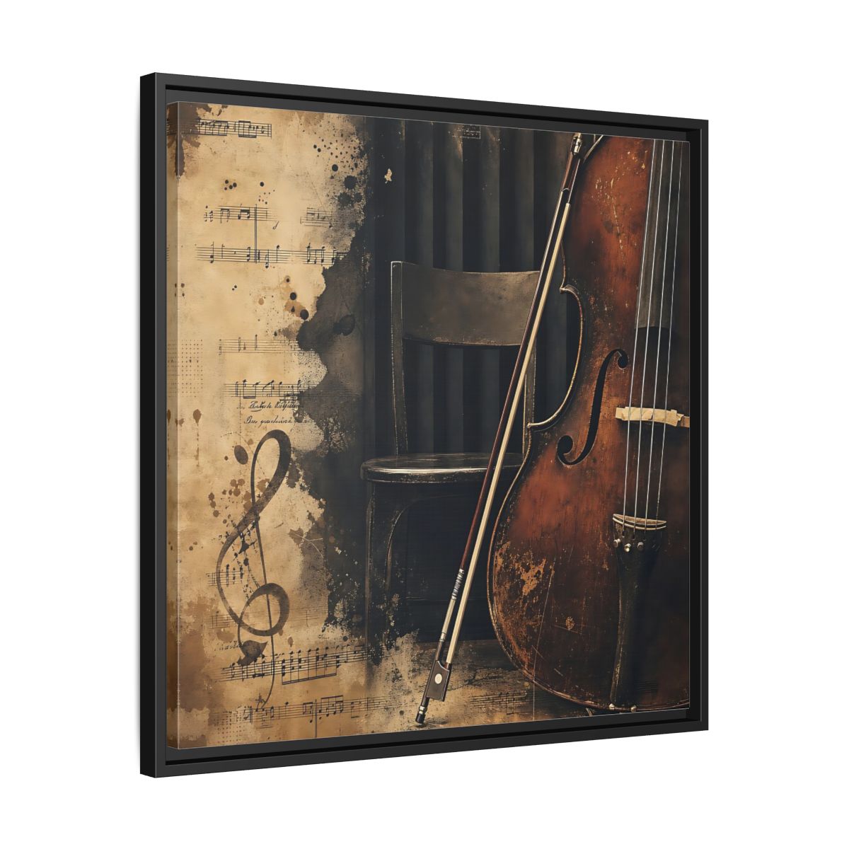 Side Mockup 31. Vintage Cello & Sheet Music shown as framed canvas print