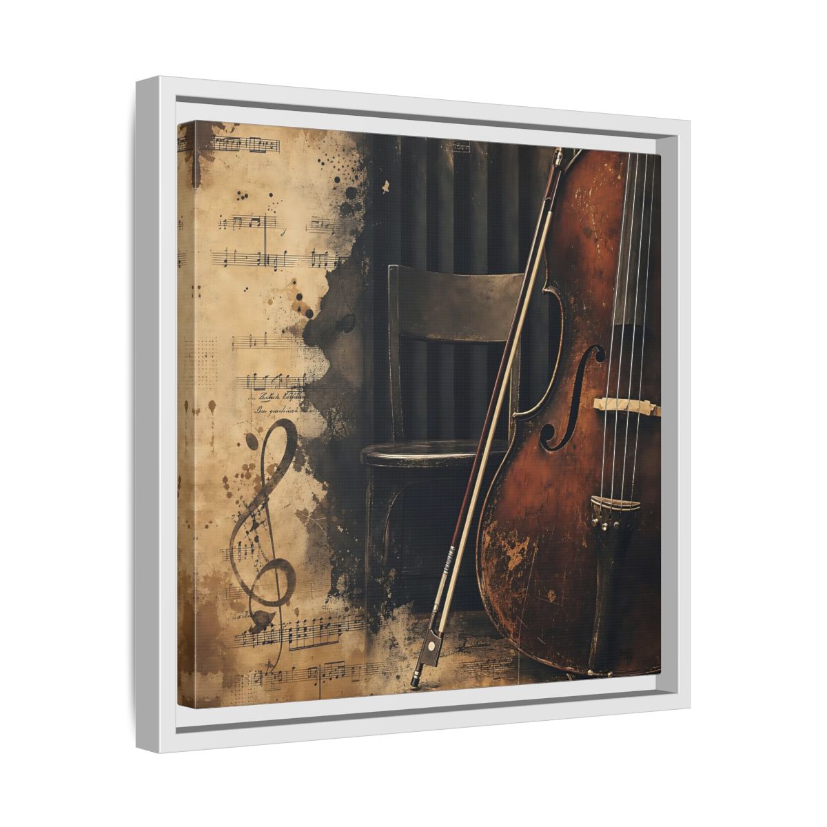 Side Mockup 28. Vintage Cello & Sheet Music shown as framed canvas print