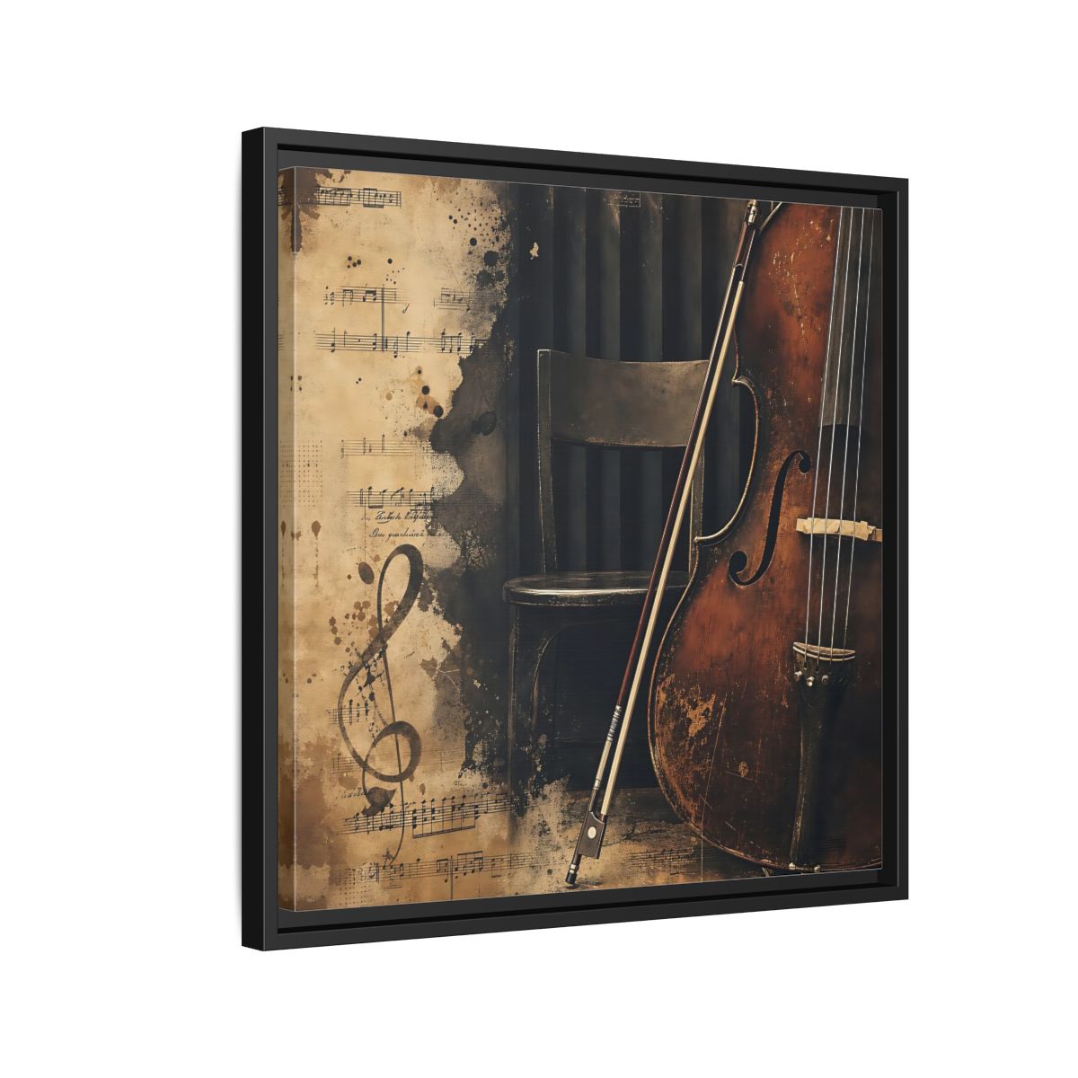 Side Mockup 12. Vintage Cello & Sheet Music shown as framed canvas print