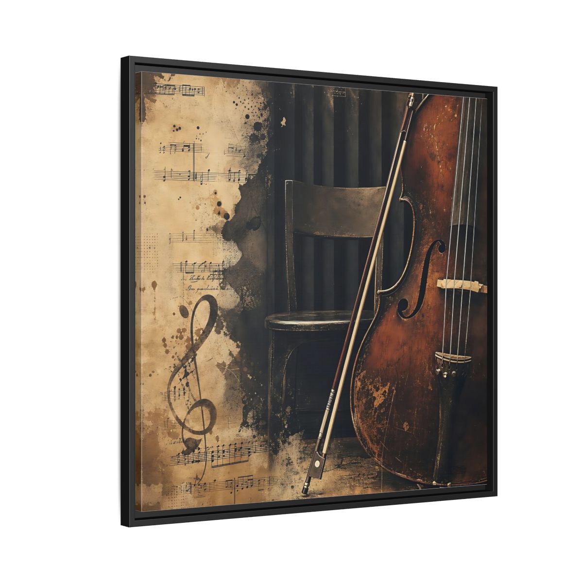 Side Mockup 9. Vintage Cello & Sheet Music shown as framed canvas print