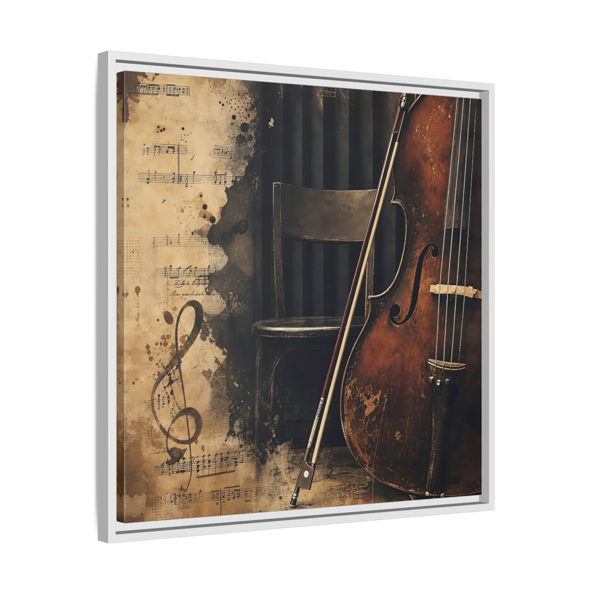 Side Mockup 26. Vintage Cello & Sheet Music shown as framed canvas print