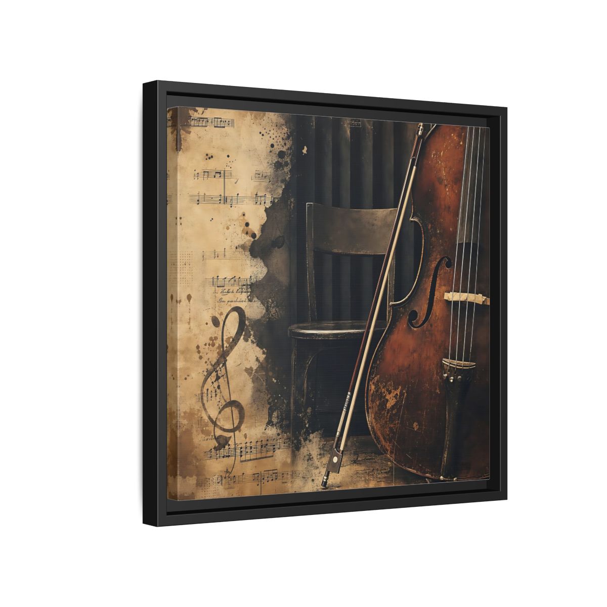 Side Mockup 15. Vintage Cello & Sheet Music shown as framed canvas print