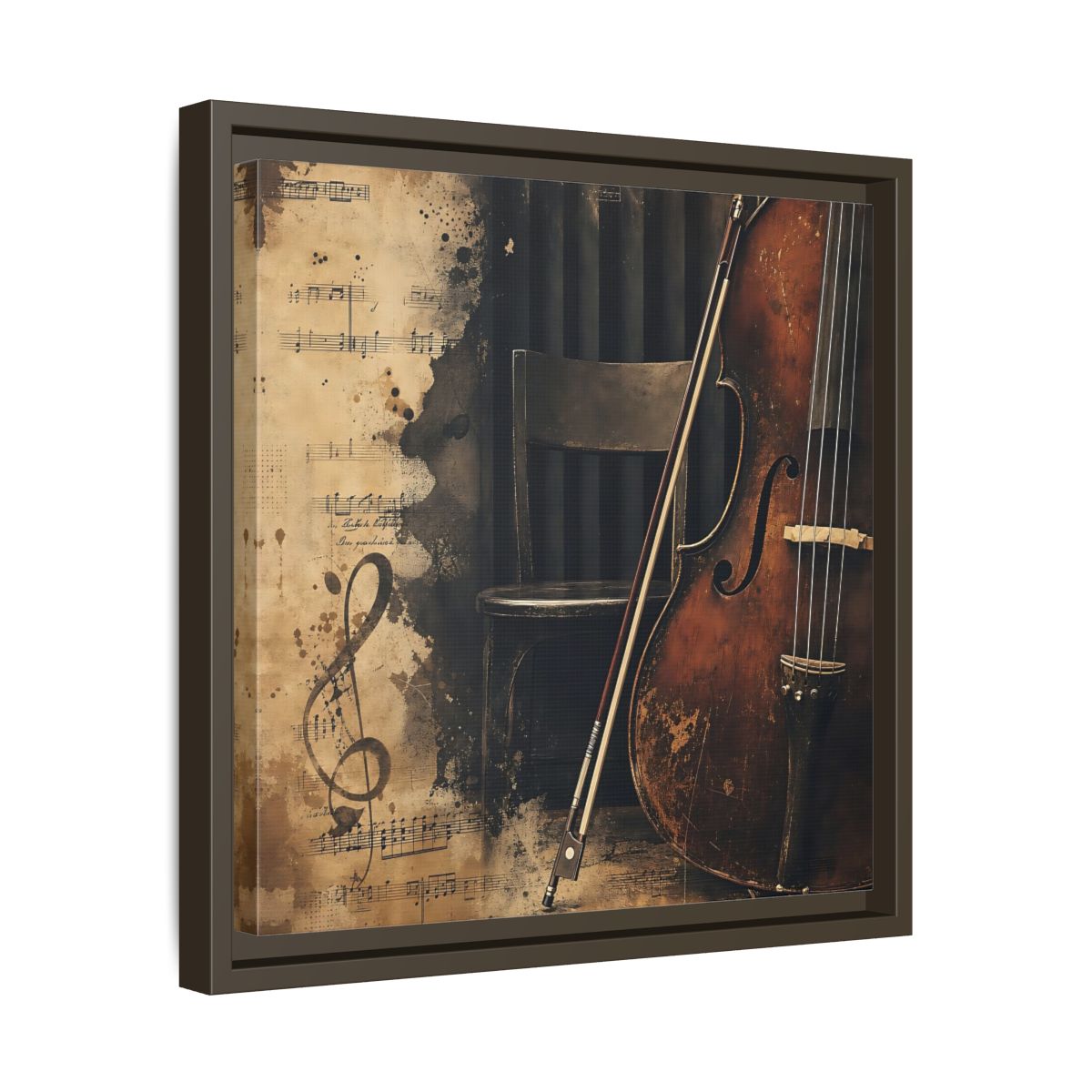 Side Mockup 29. Vintage Cello & Sheet Music shown as framed canvas print