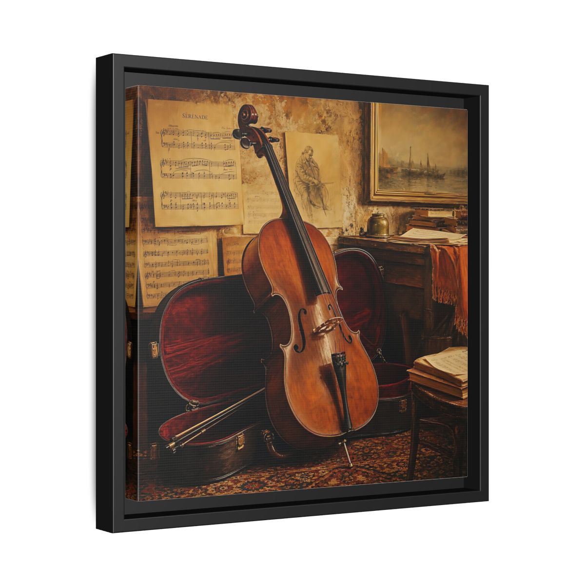 Side Mockup 32. Vintage Cello Still Life shown as framed canvas print