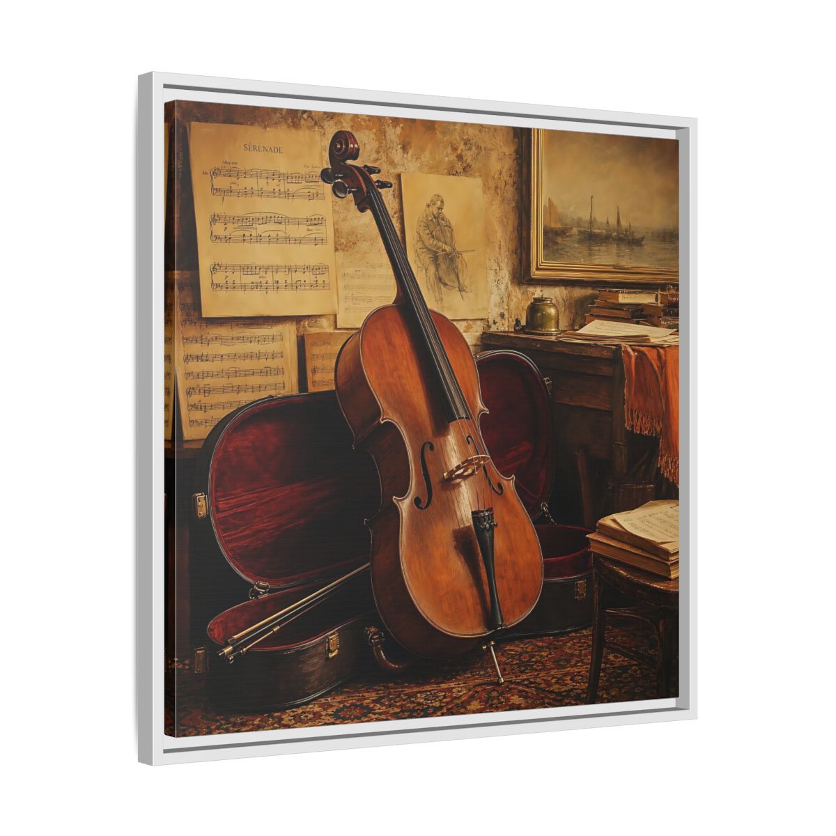Side Mockup 26. Vintage Cello Still Life shown as framed canvas print