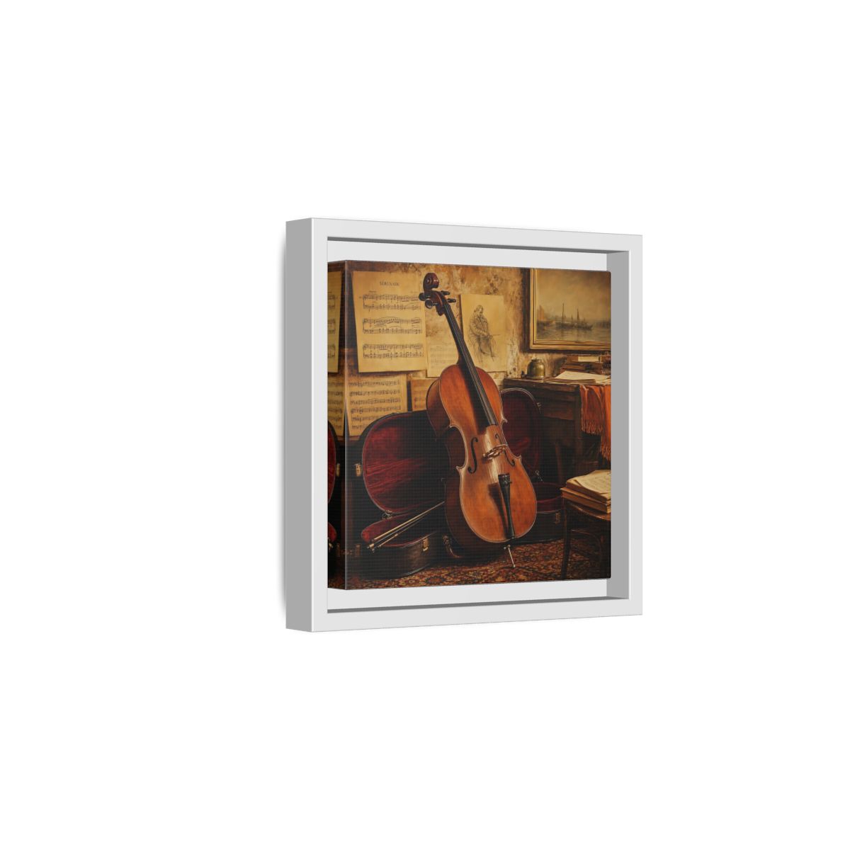 Side Mockup 1. Vintage Cello Still Life shown as framed canvas print