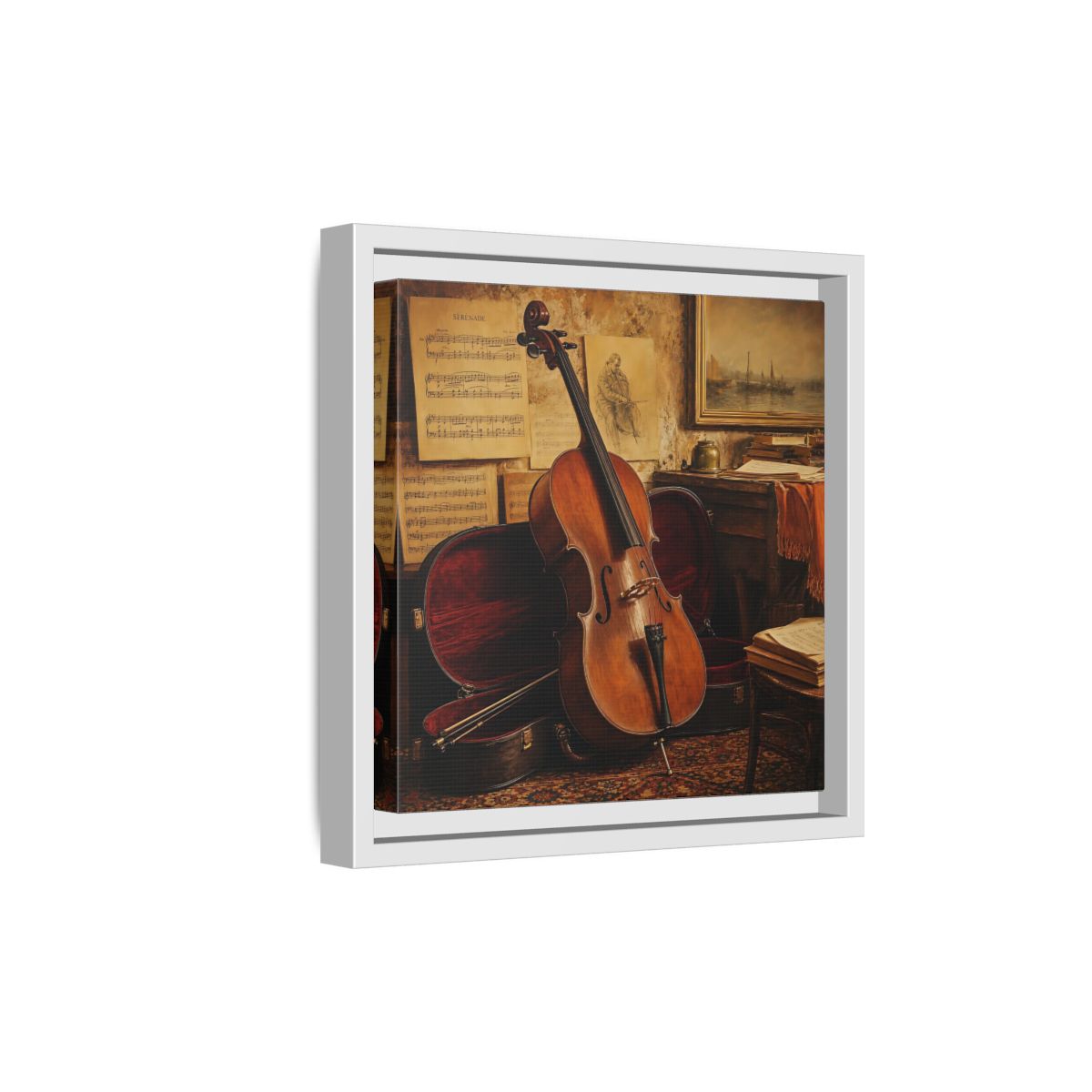 Side Mockup 19. Vintage Cello Still Life shown as framed canvas print