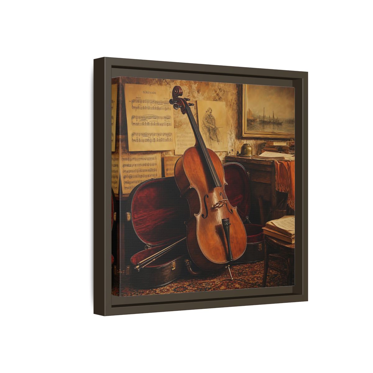 Side Mockup 17. Vintage Cello Still Life shown as framed canvas print