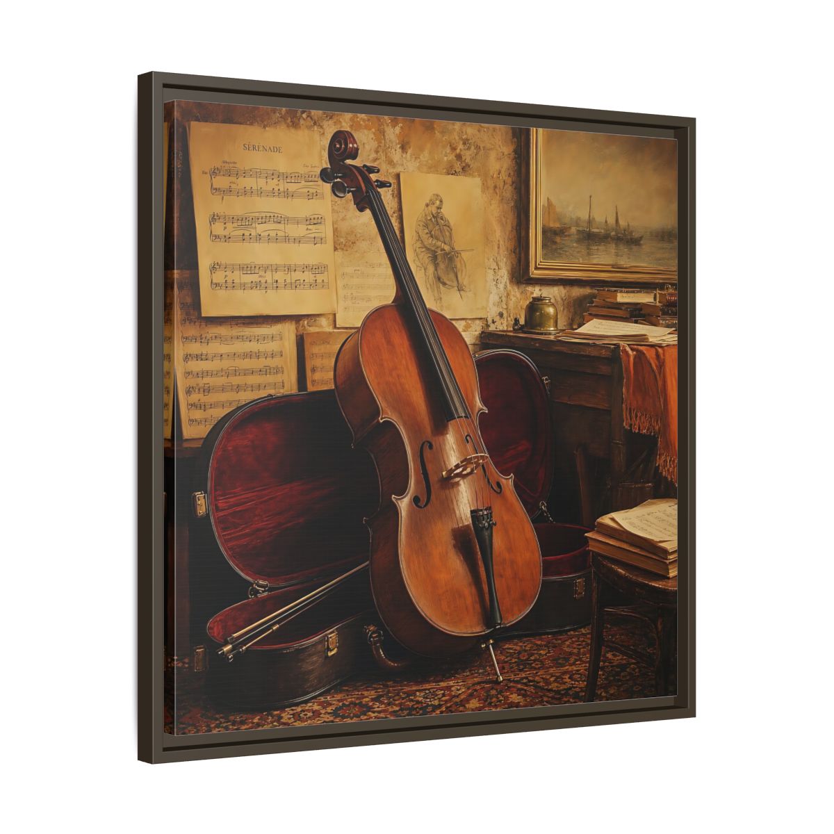Side Mockup 27. Vintage Cello Still Life shown as framed canvas print