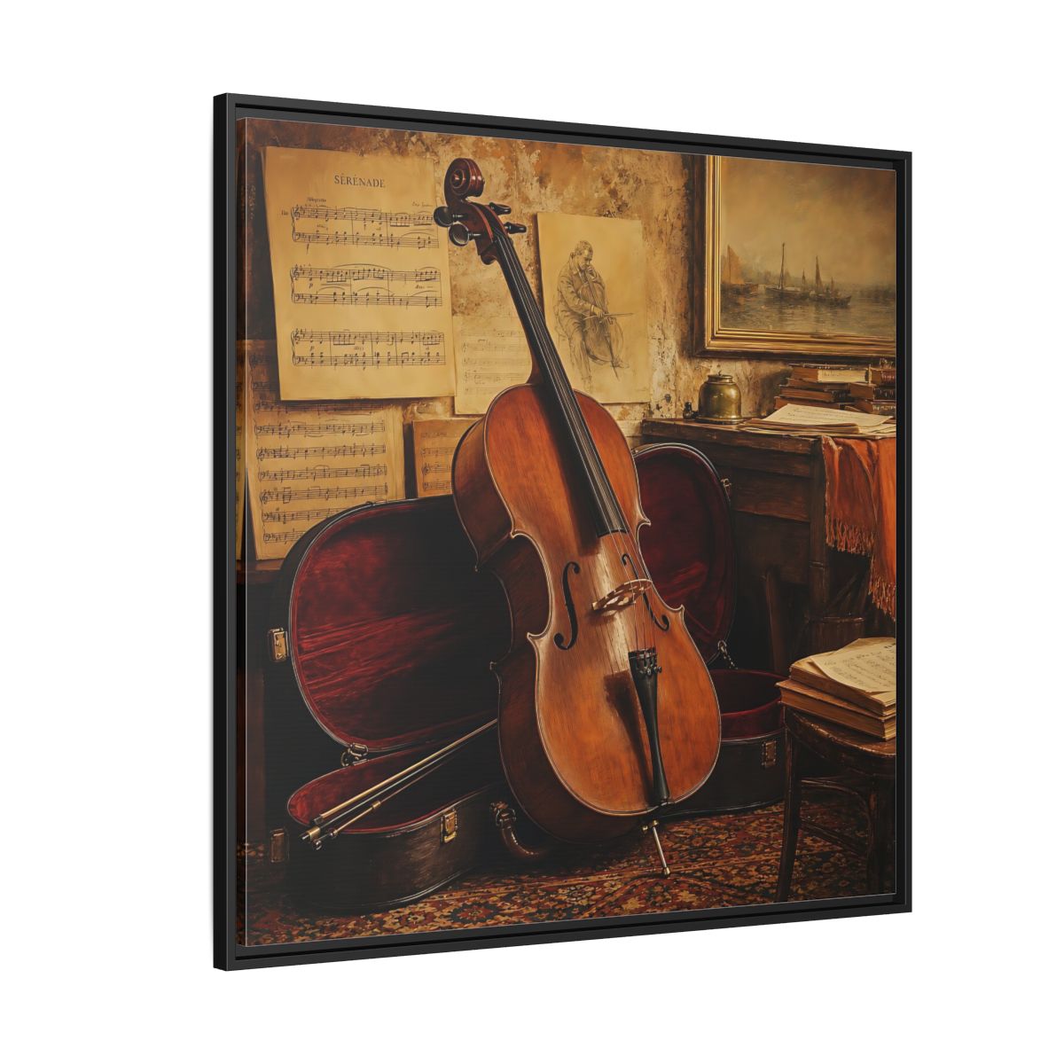 Side Mockup 6. Vintage Cello Still Life shown as framed canvas print